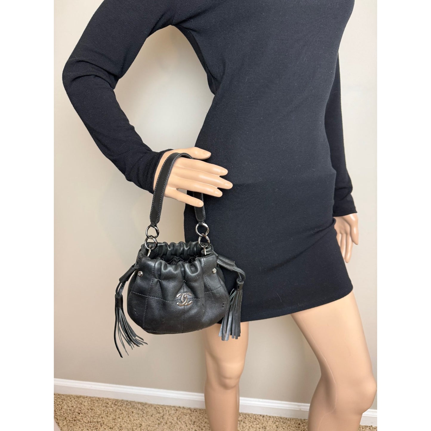 
                  
                    Chanel Vintage Small Lambskin Stitched Chocolate Bar Chain Fringe Hobo Black Bag
                  
                