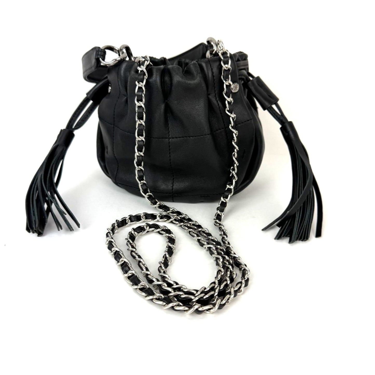 
                  
                    Chanel Vintage Small Lambskin Stitched Chocolate Bar Chain Fringe Hobo Black Bag
                  
                
