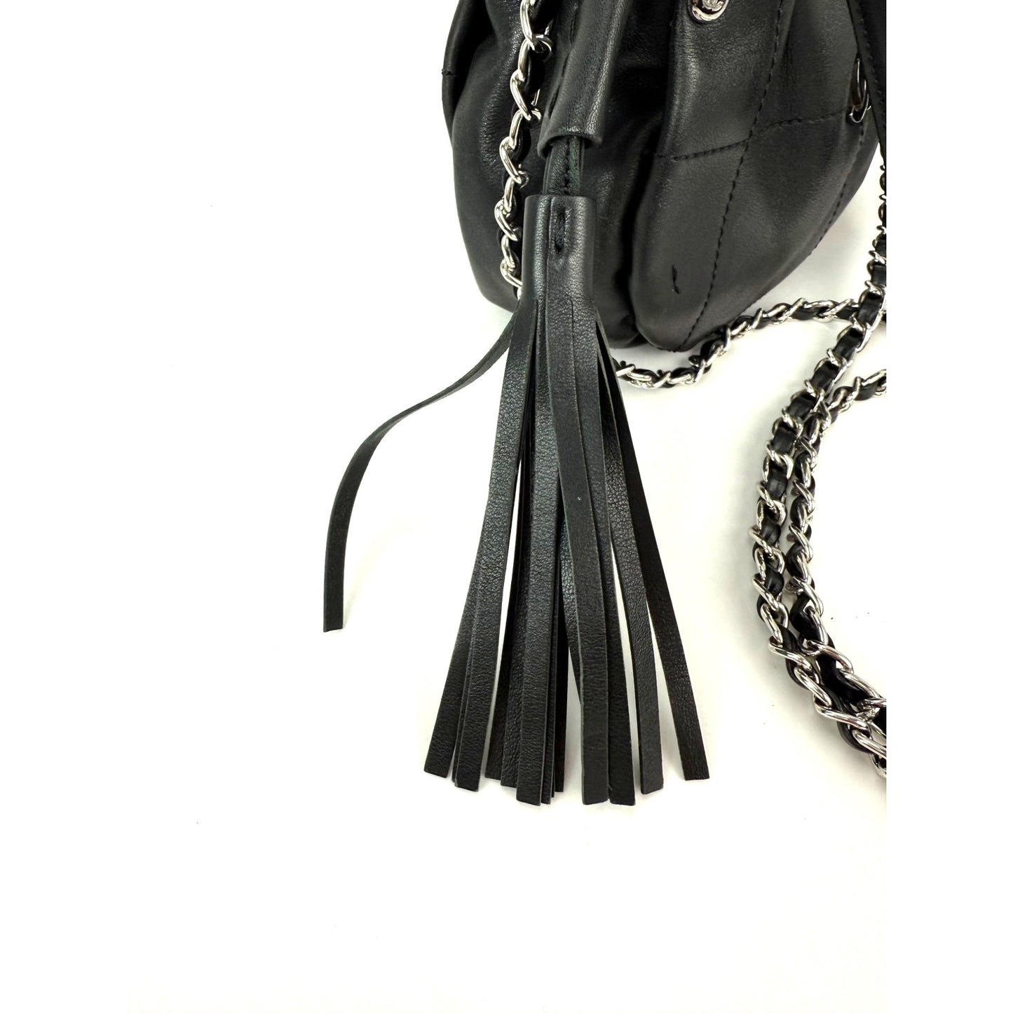
                  
                    Chanel Vintage Small Lambskin Stitched Chocolate Bar Chain Fringe Hobo Black Bag
                  
                