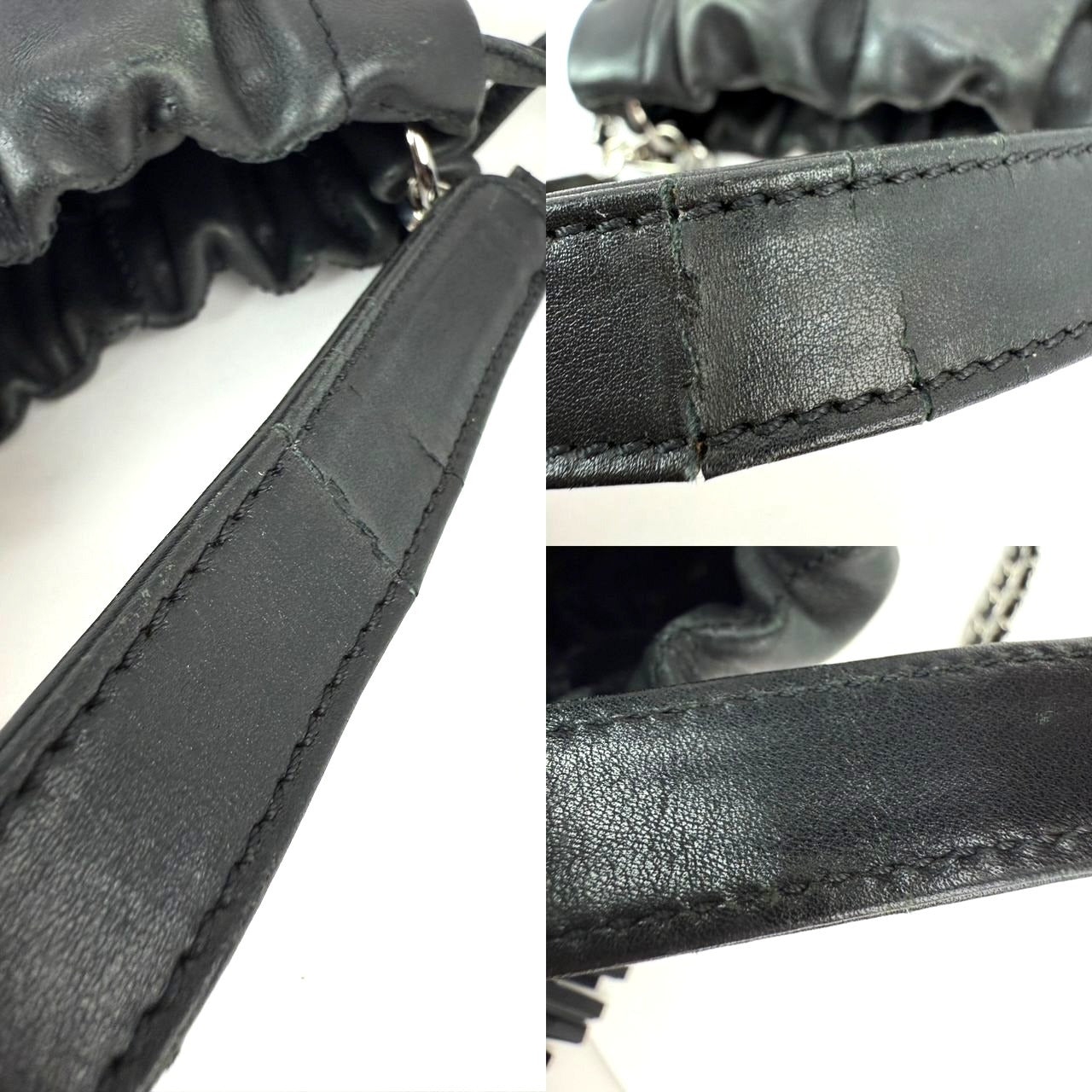 
                  
                    Chanel Vintage Small Lambskin Stitched Chocolate Bar Chain Fringe Hobo Black Bag
                  
                