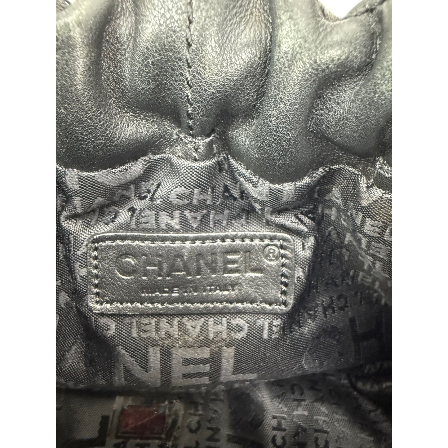 
                  
                    Chanel Vintage Small Lambskin Stitched Chocolate Bar Chain Fringe Hobo Black Bag
                  
                