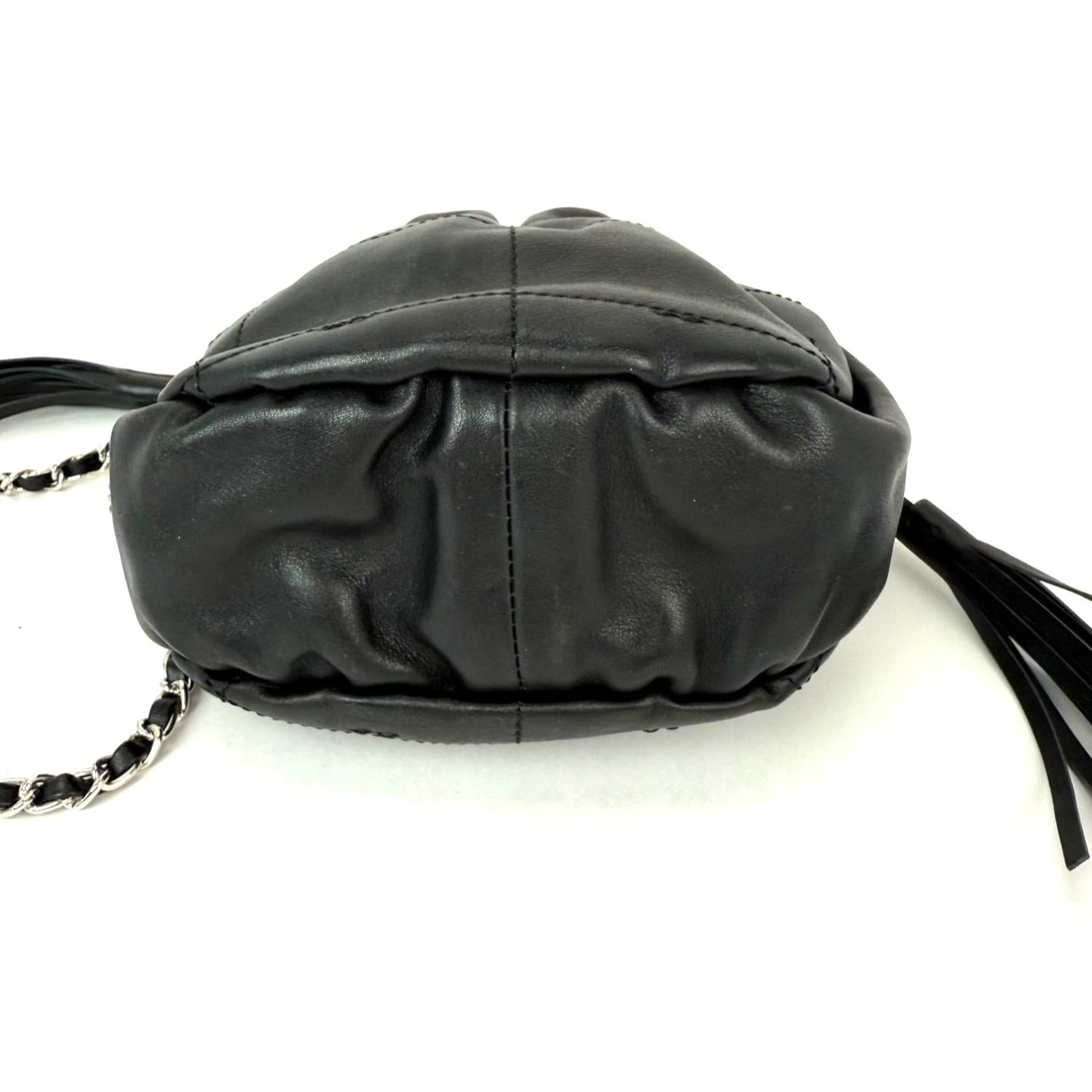 
                  
                    Chanel Vintage Small Lambskin Stitched Chocolate Bar Chain Fringe Hobo Black Bag
                  
                