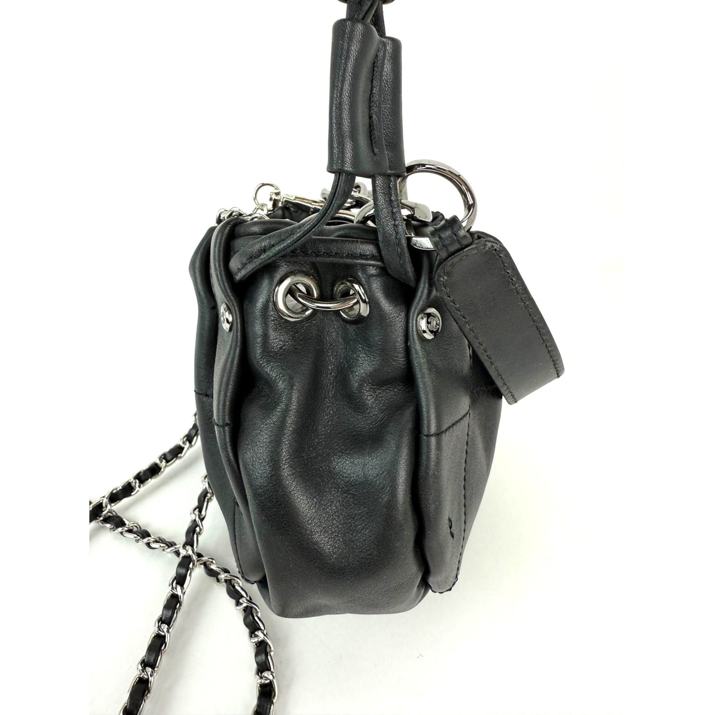 
                  
                    Chanel Vintage Small Lambskin Stitched Chocolate Bar Chain Fringe Hobo Black Bag
                  
                