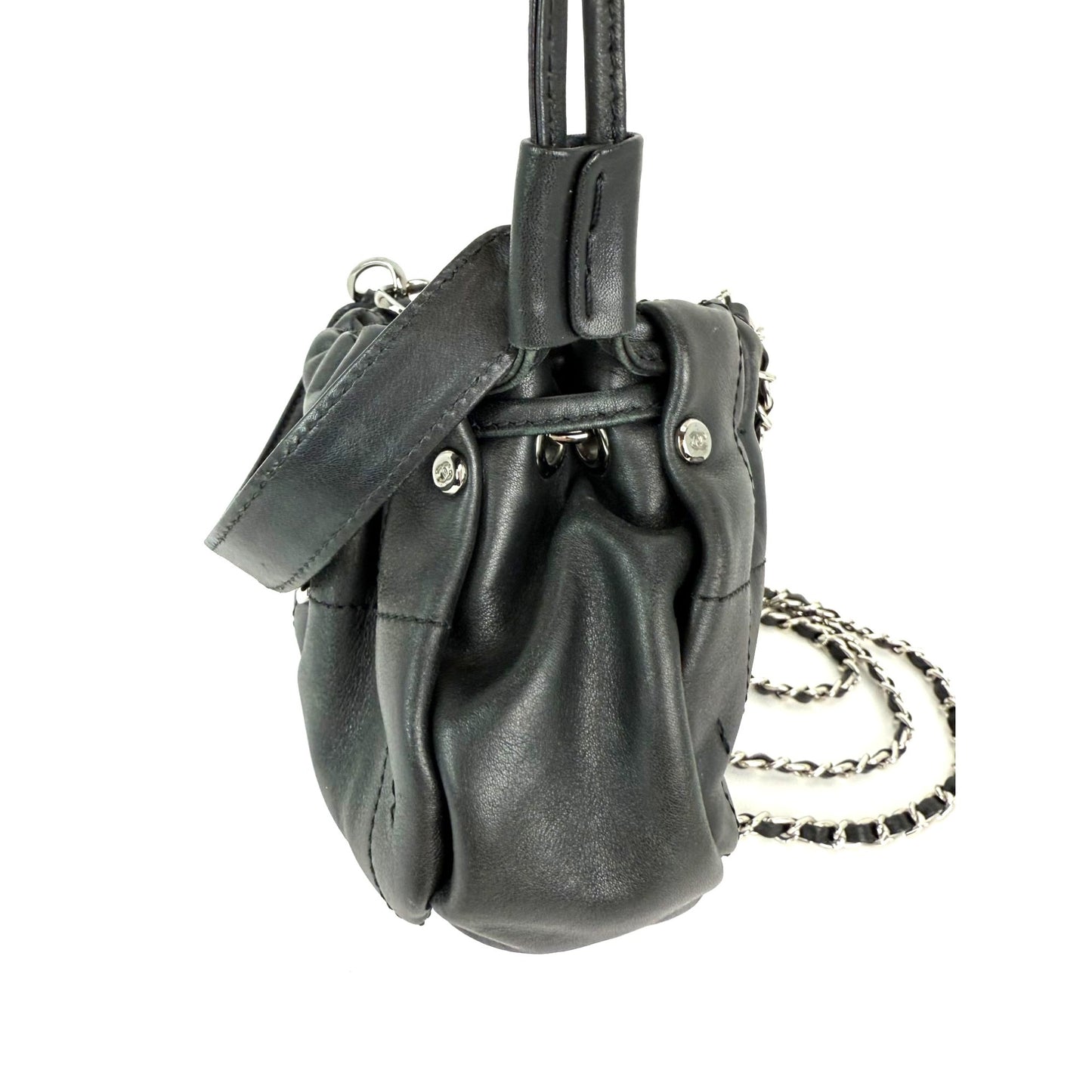 
                  
                    Chanel Vintage Small Lambskin Stitched Chocolate Bar Chain Fringe Hobo Black Bag
                  
                