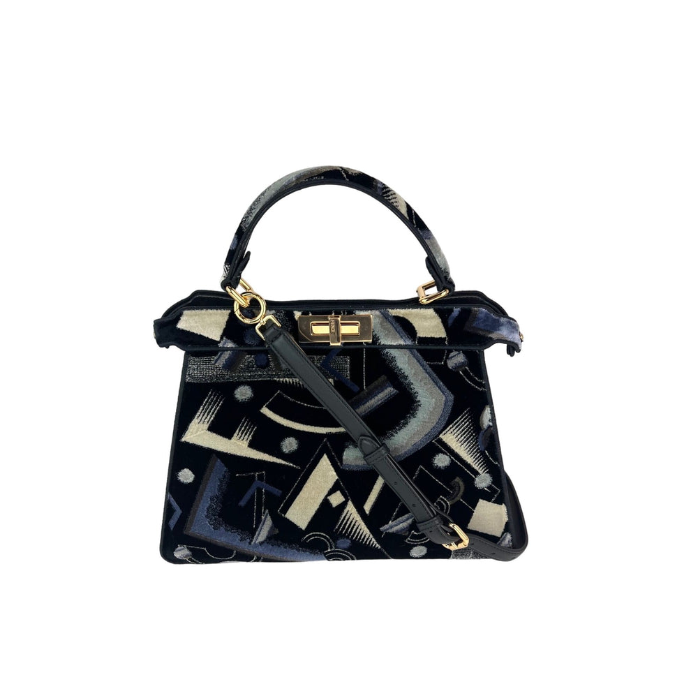 Fendi Peekaboo I see u Medium Printed Velvet Black Blue Satchel Shoulder Bag