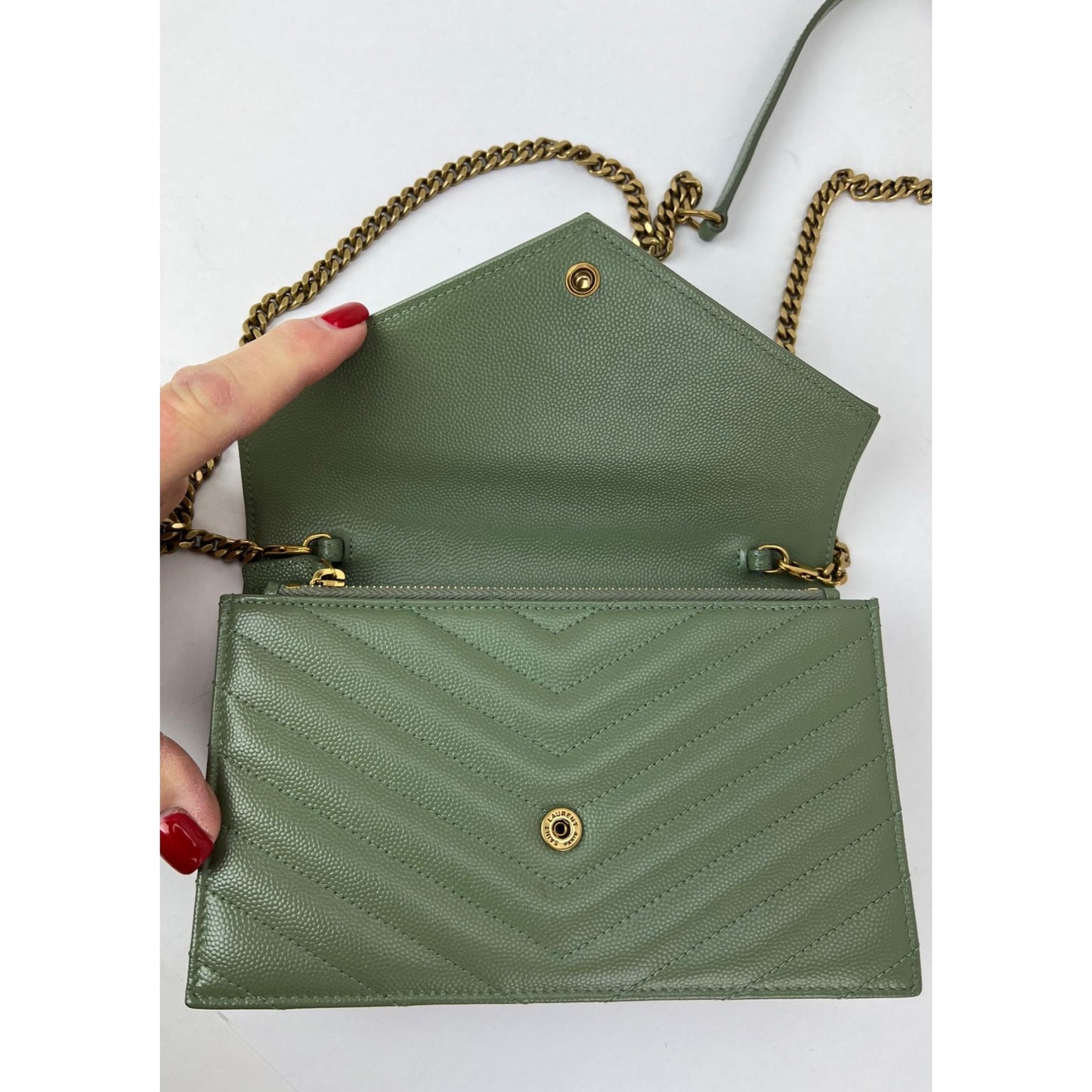 
                  
                    Saint Laurent Green Leather Envelope Chain Shoulder Bag
                  
                