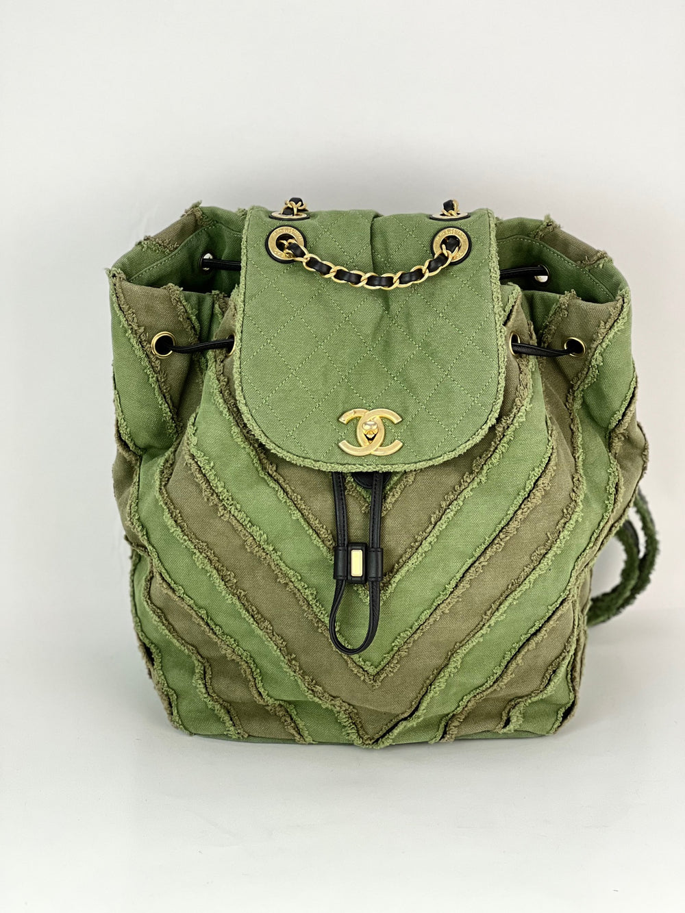 CHANEL Backpack Canvas Chevron Cuba Patchwork Khaki Green Backpack Preowned