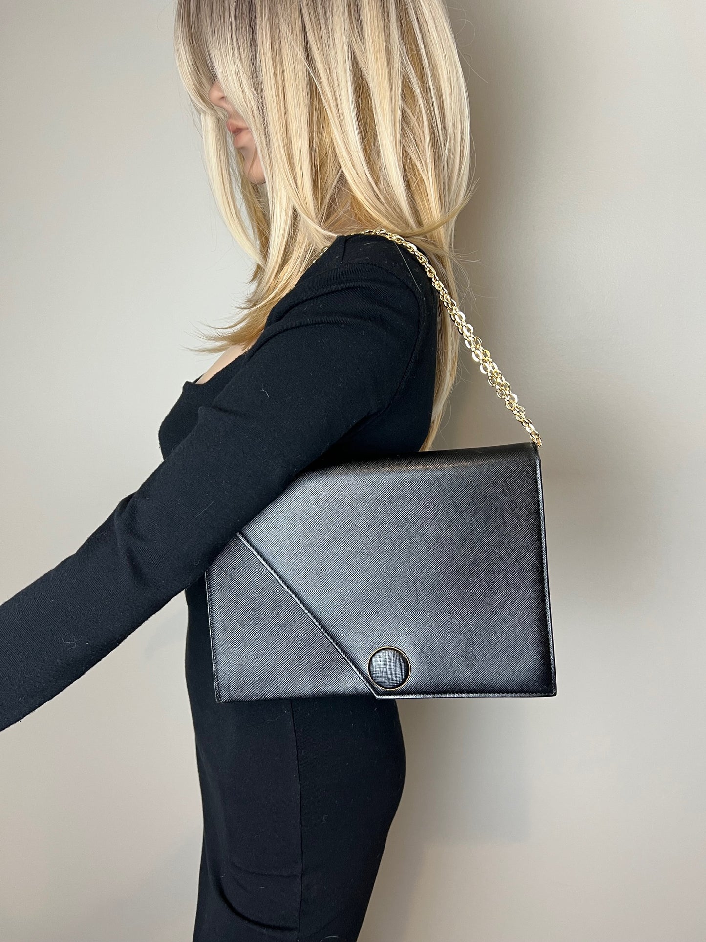 
                  
                    Saint Laurent Black Saffiano Leather Diagonal Clutch Shoulder Bag Vintage
                  
                