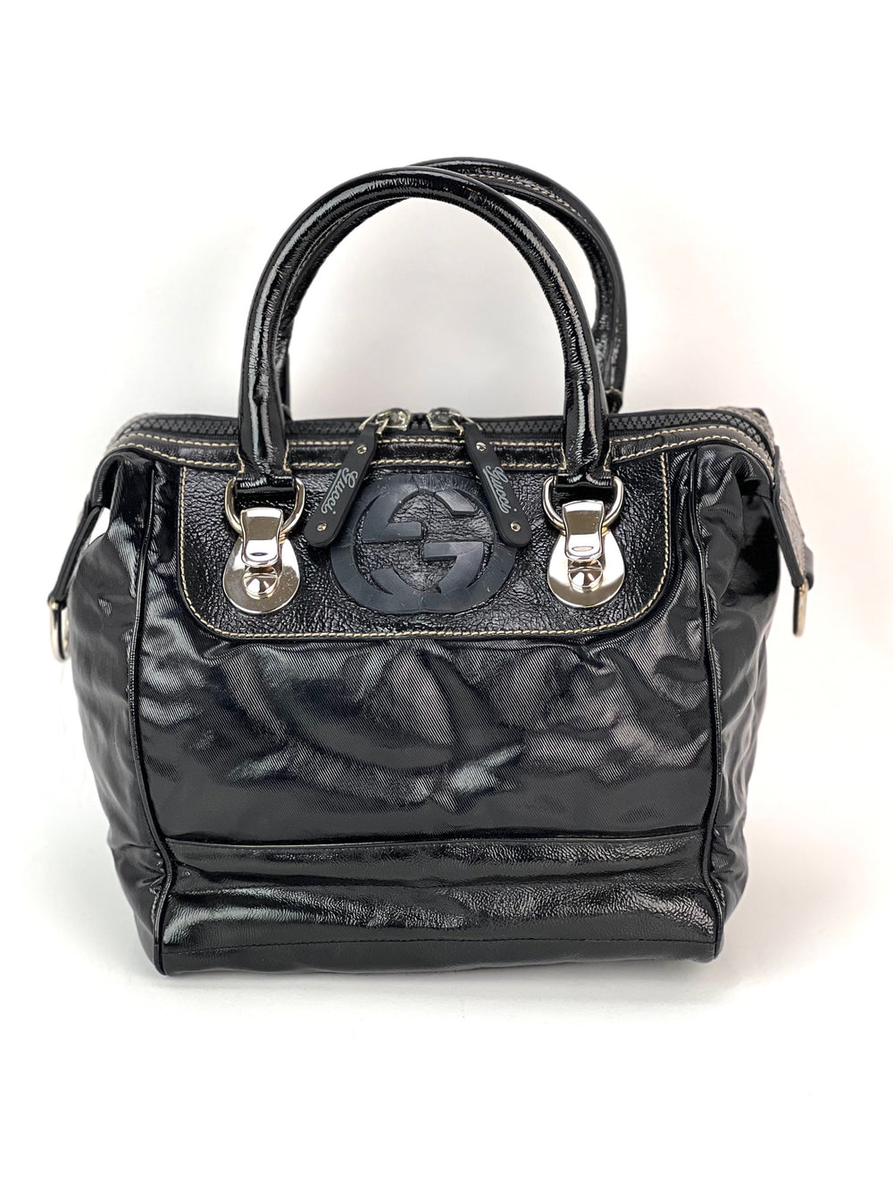 GUCCI Dialux Snow Glam Black Canvas and Leather Boston Shoulder Bag