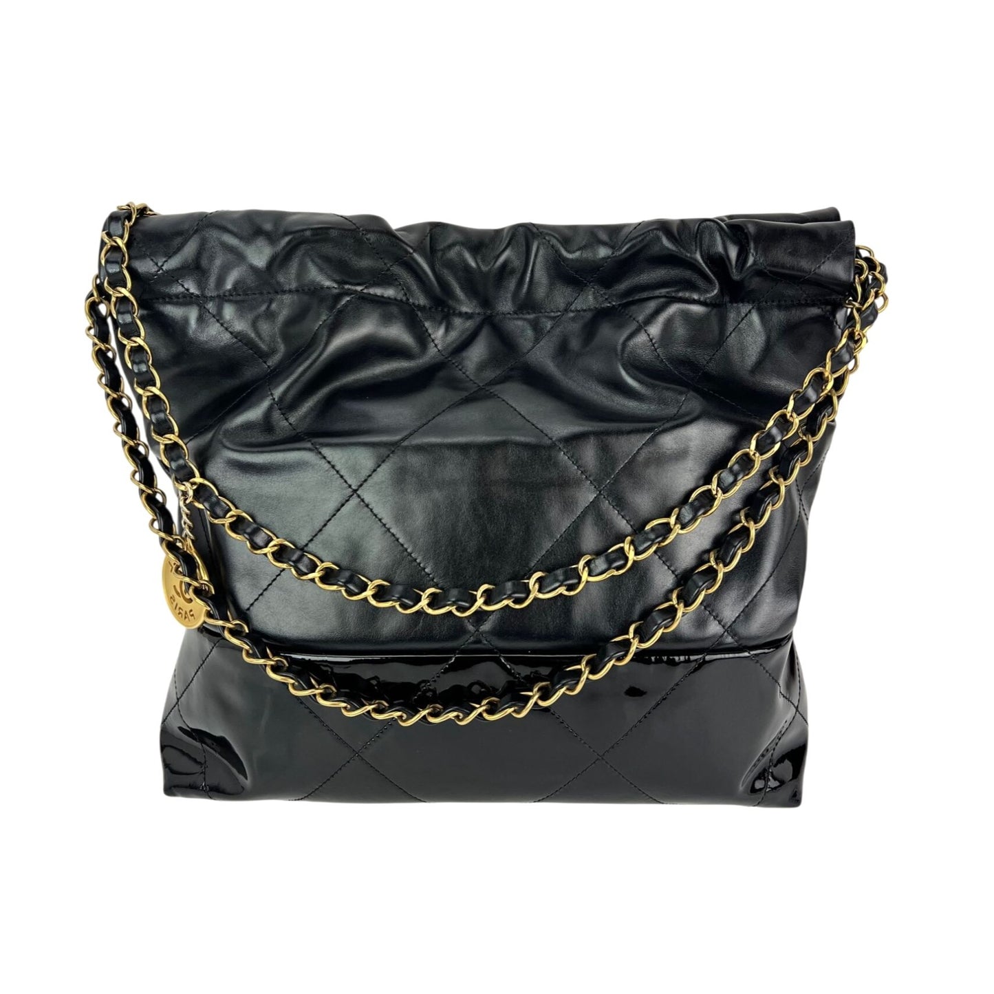 
                  
                    Chanel 22 Small Black Shiny And Patent Calfskin Gold Harware Shoulder Bag
                  
                