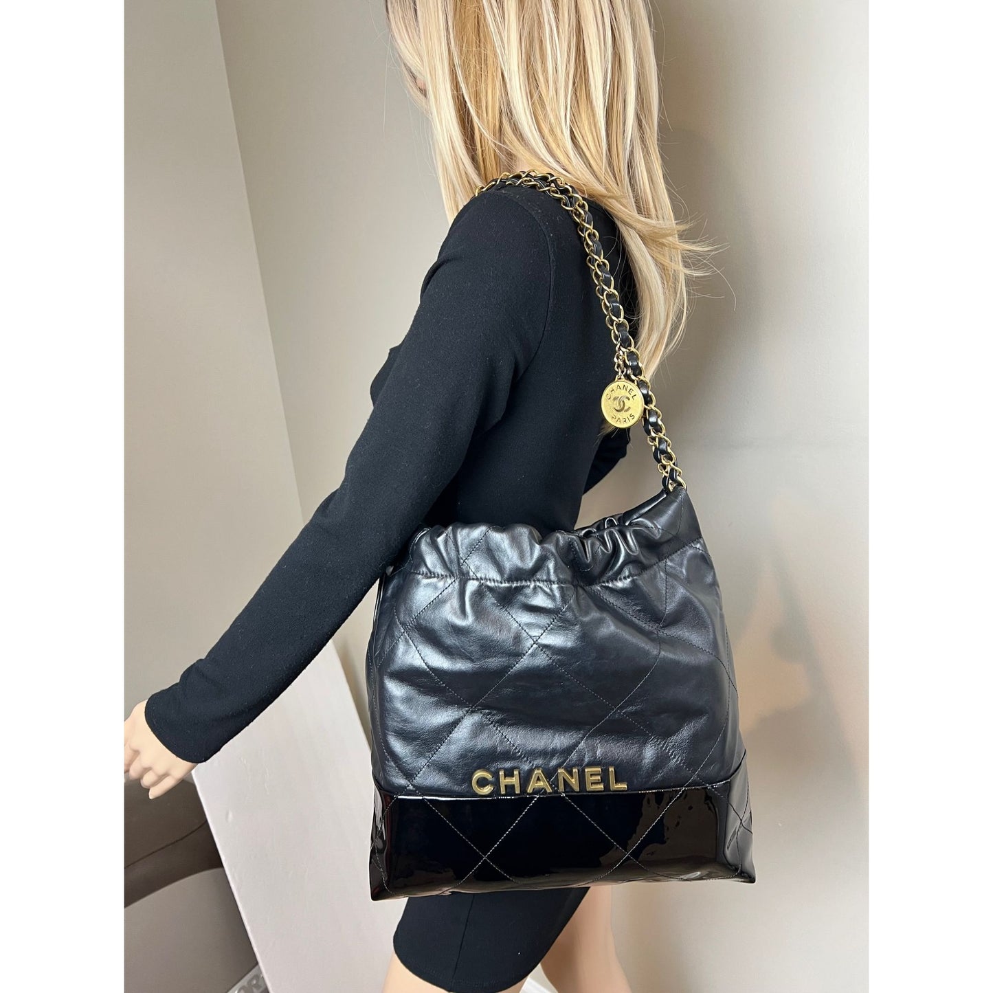 
                  
                    Chanel 22 Small Black Shiny And Patent Calfskin Gold Harware Shoulder Bag
                  
                