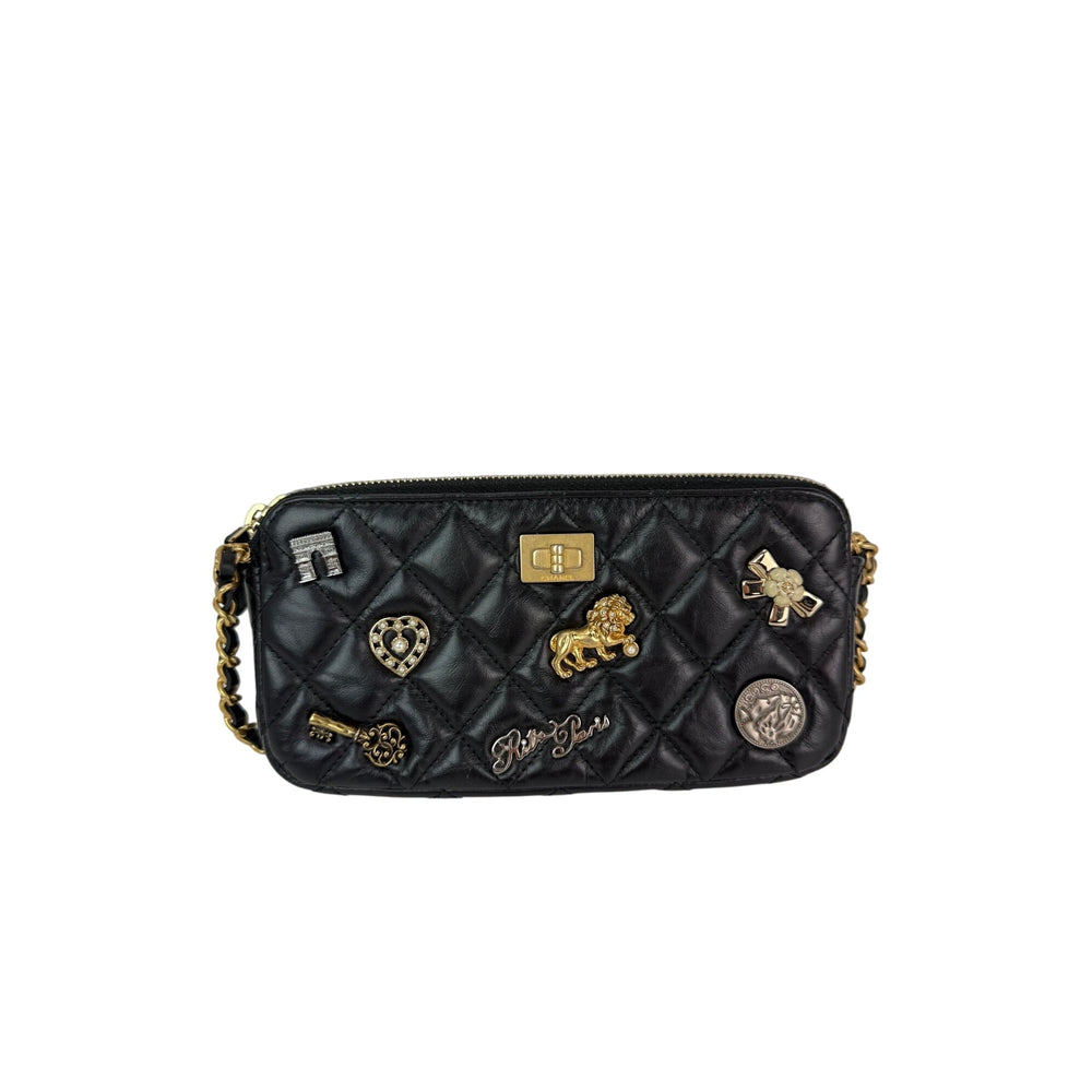 Chanel Lucky Charms 2.55 Black Double Zip WOC Wallet Clutch Bag