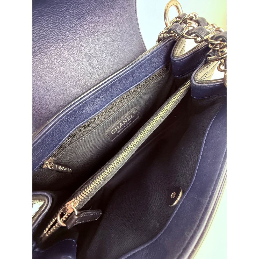 
                  
                    Chanel Medium Coco Shine Accordion Patent Leather Dark Navy Flap Crossbody Bag
                  
                