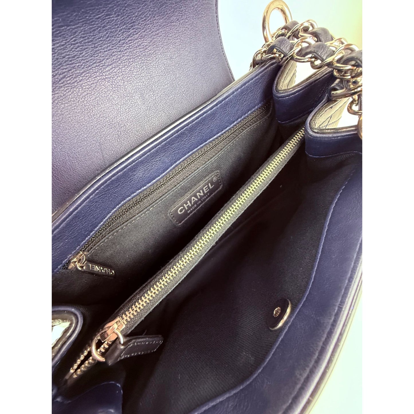 
                  
                    Chanel Medium Coco Shine Accordion Patent Leather Dark Navy Flap Crossbody Bag
                  
                