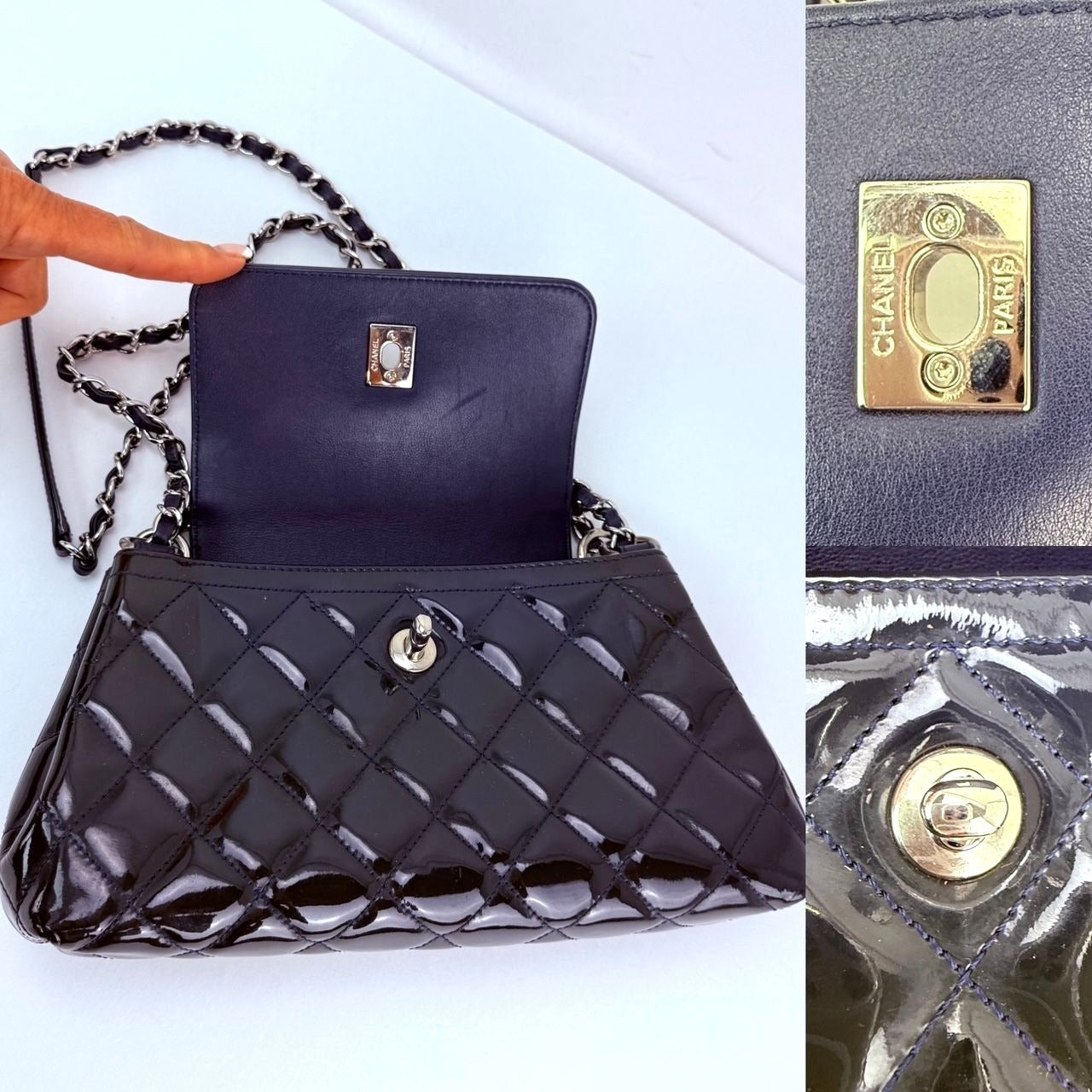 
                  
                    Chanel Medium Coco Shine Accordion Patent Leather Dark Navy Flap Crossbody Bag
                  
                