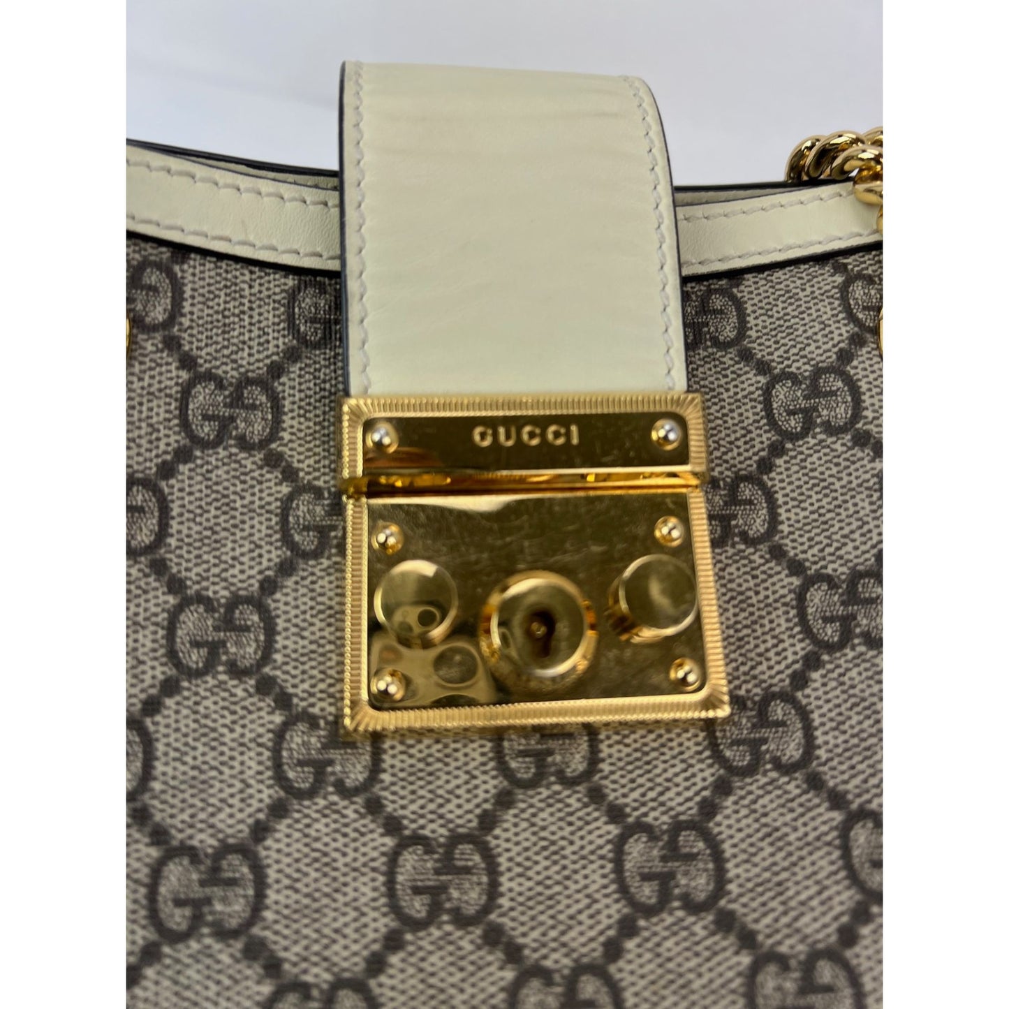 
                  
                    Gucci GG Supreme Small Padlock Leather Ebony Tote Bag
                  
                