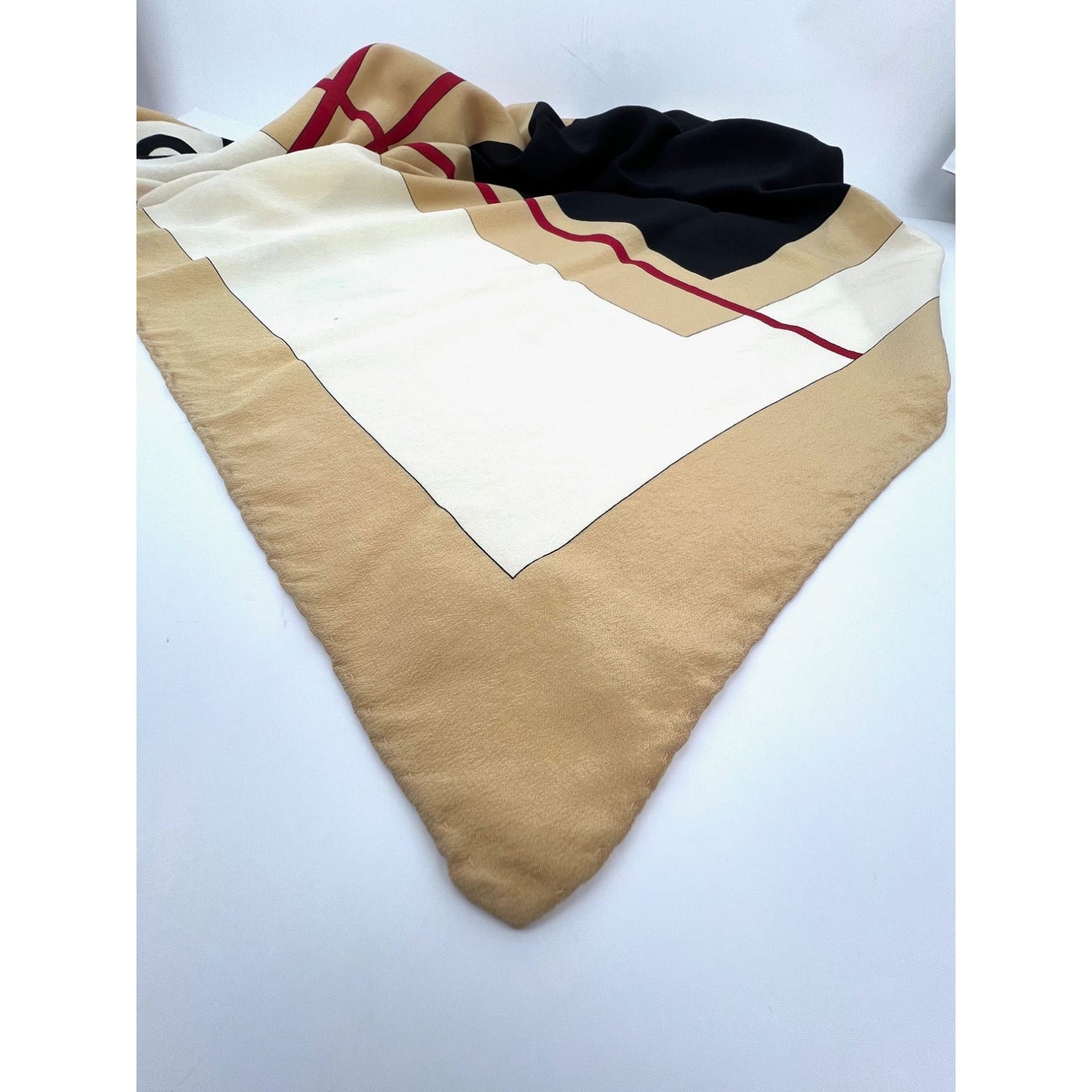 
                  
                    Chanel Beige Black Red Silk Logo Modern Design Scarf
                  
                