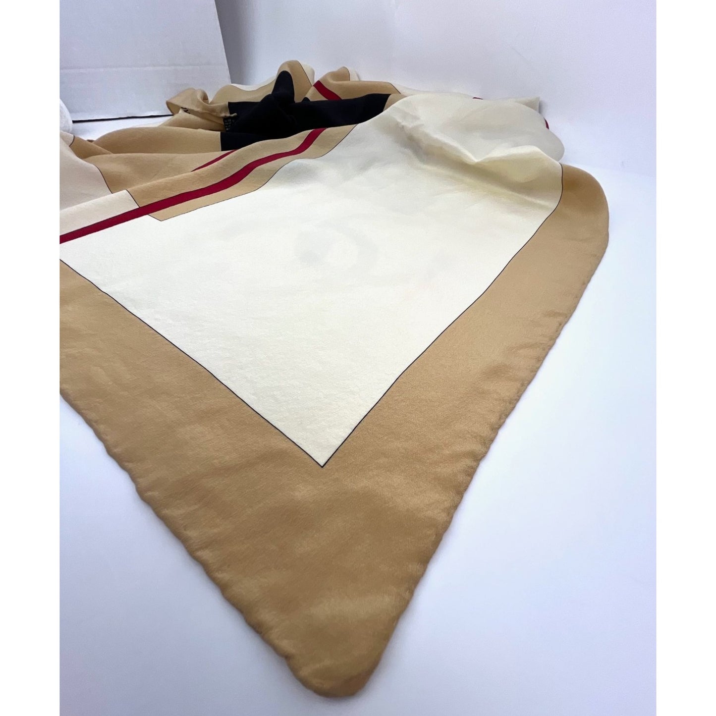 
                  
                    Chanel Beige Black Red Silk Logo Modern Design Scarf
                  
                