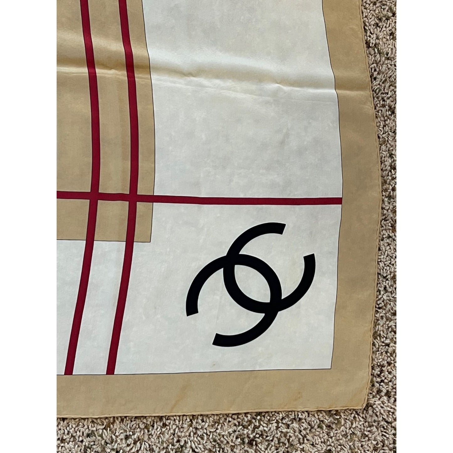 
                  
                    Chanel Beige Black Red Silk Logo Modern Design Scarf
                  
                