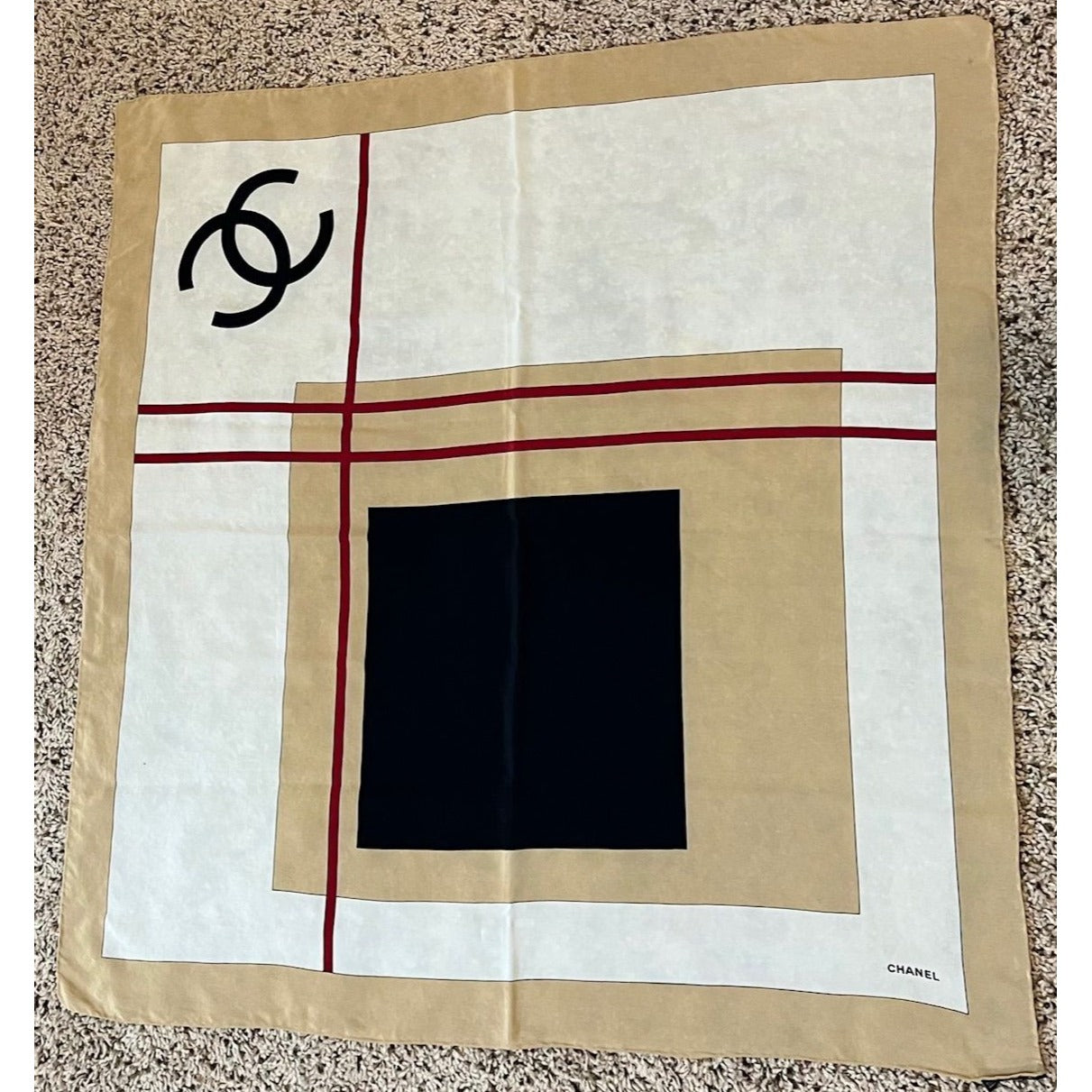 
                  
                    Chanel Beige Black Red Silk Logo Modern Design Scarf
                  
                