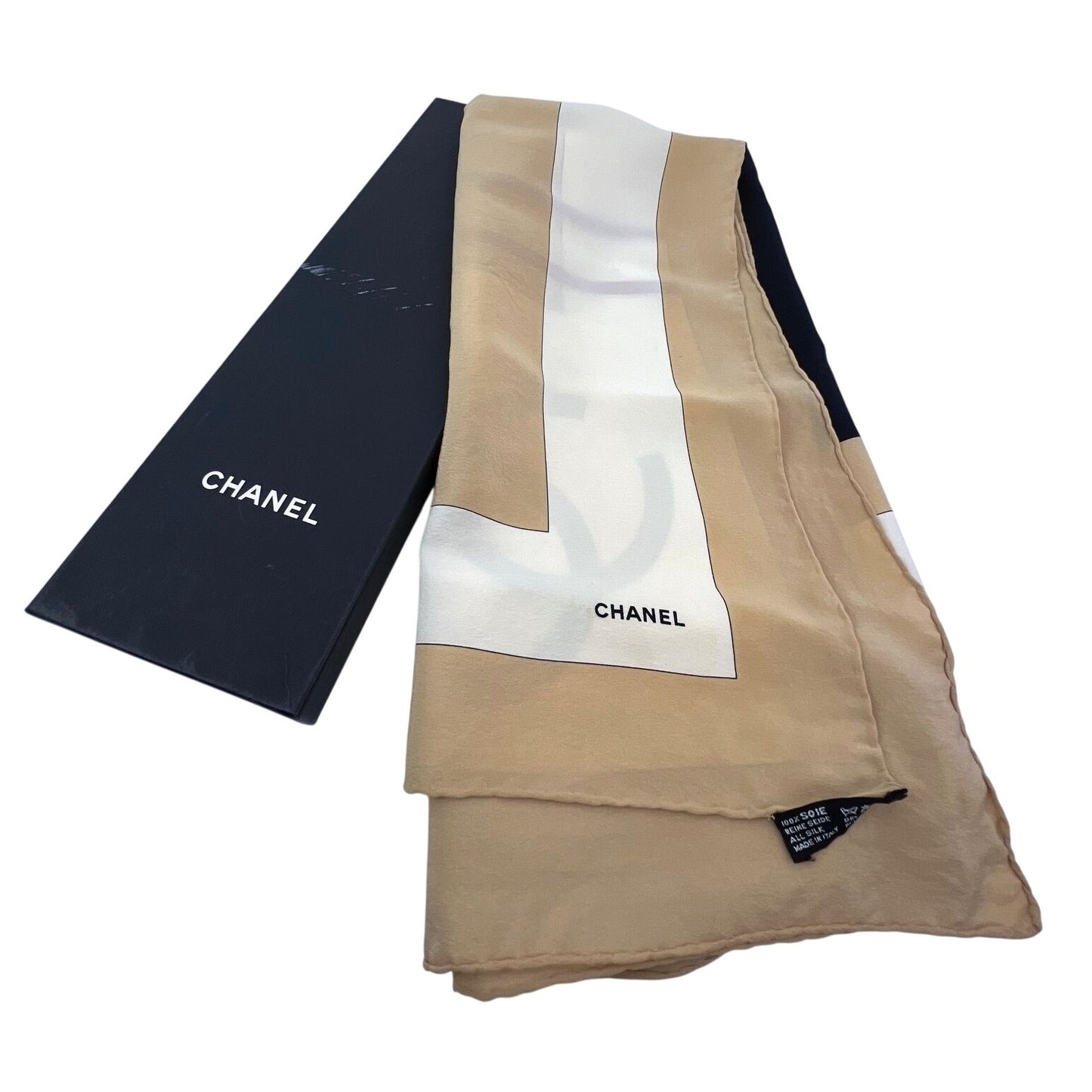 
                  
                    Chanel Beige Black Red Silk Logo Modern Design Scarf
                  
                