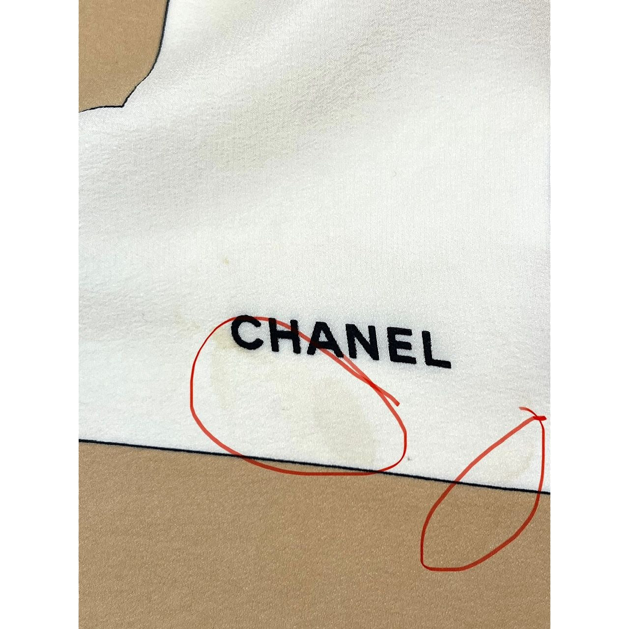 
                  
                    Chanel Beige Black Red Silk Logo Modern Design Scarf
                  
                