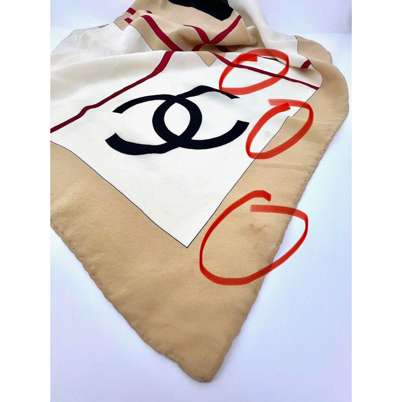 
                  
                    Chanel Beige Black Red Silk Logo Modern Design Scarf
                  
                