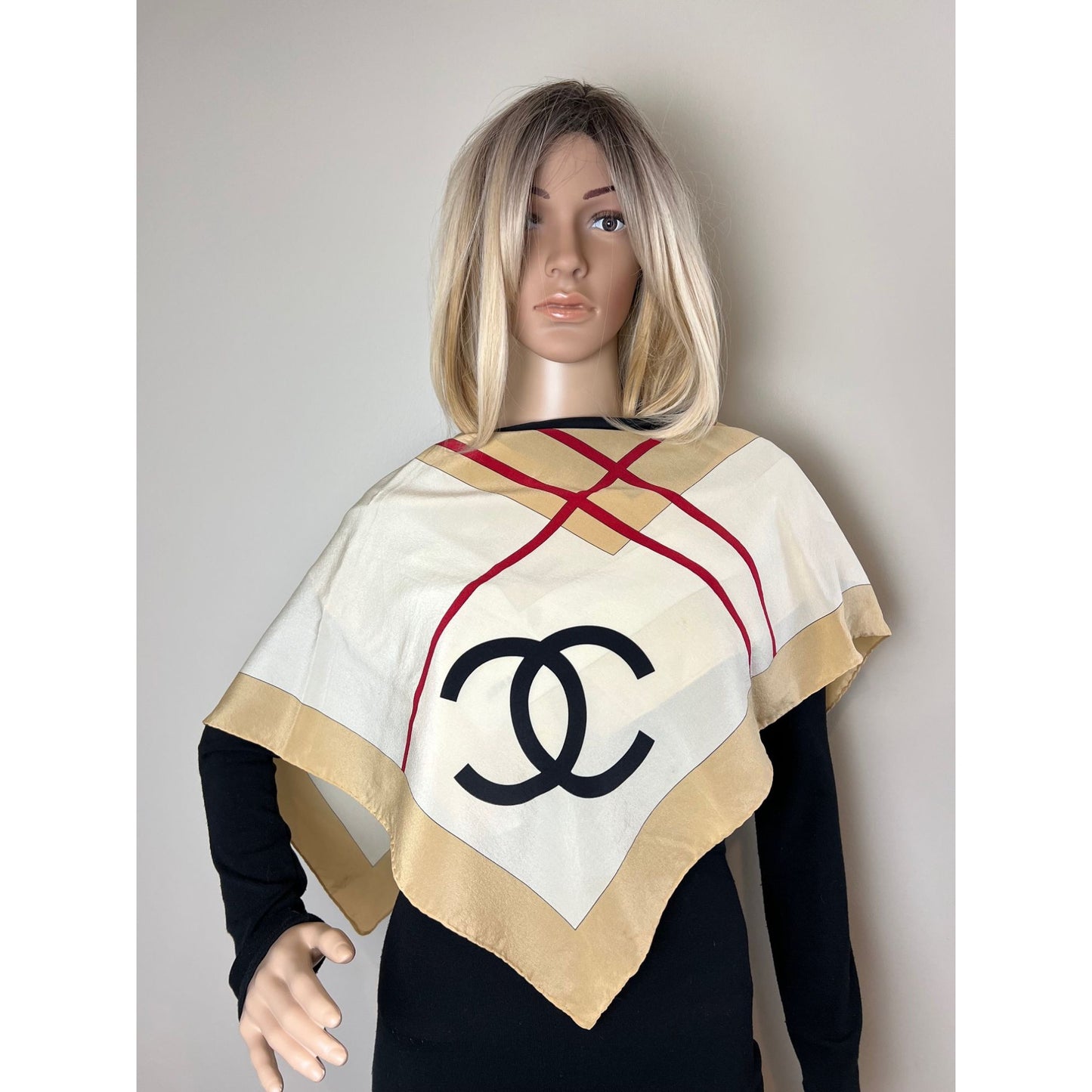 
                  
                    Chanel Beige Black Red Silk Logo Modern Design Scarf
                  
                