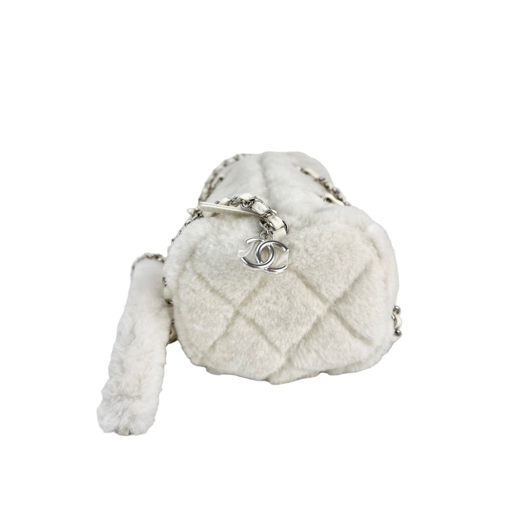 
                  
                    Chanel Shearling Quilted White Lambskin Bowler Crossbody Shoulder Bag
                  
                