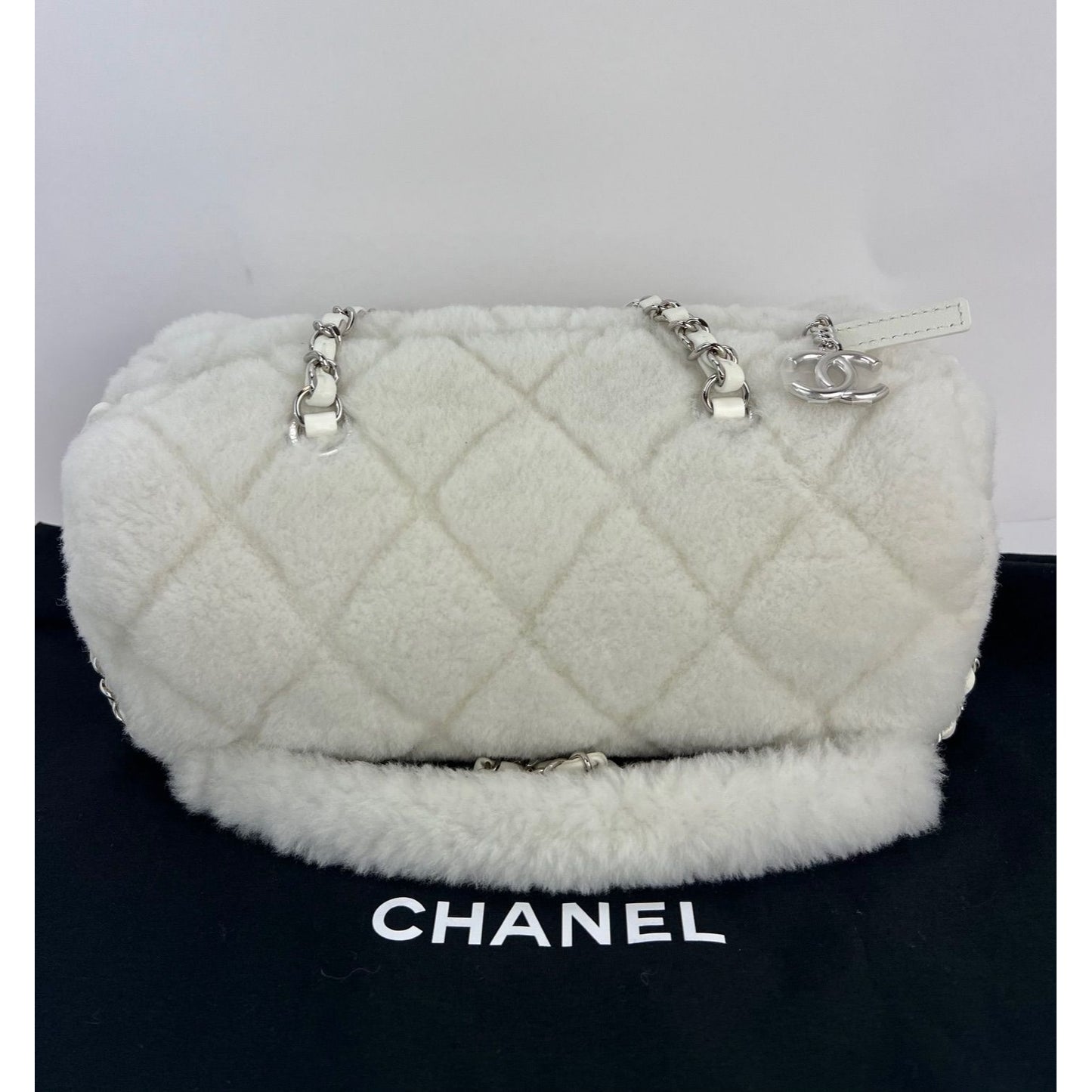 
                  
                    Chanel Shearling Quilted White Lambskin Bowler Crossbody Shoulder Bag
                  
                