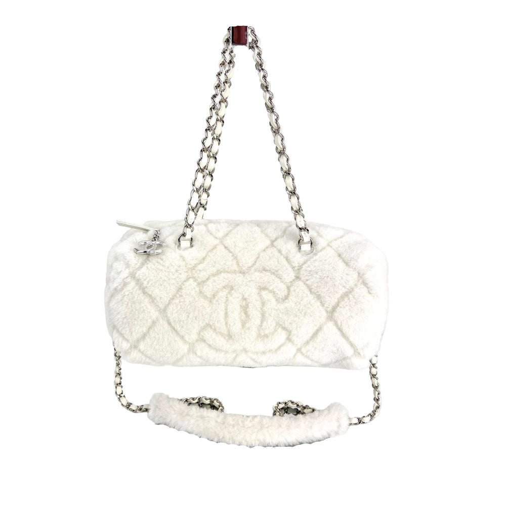 Chanel Shearling Quilted White Lambskin Bowler Crossbody Shoulder Bag
