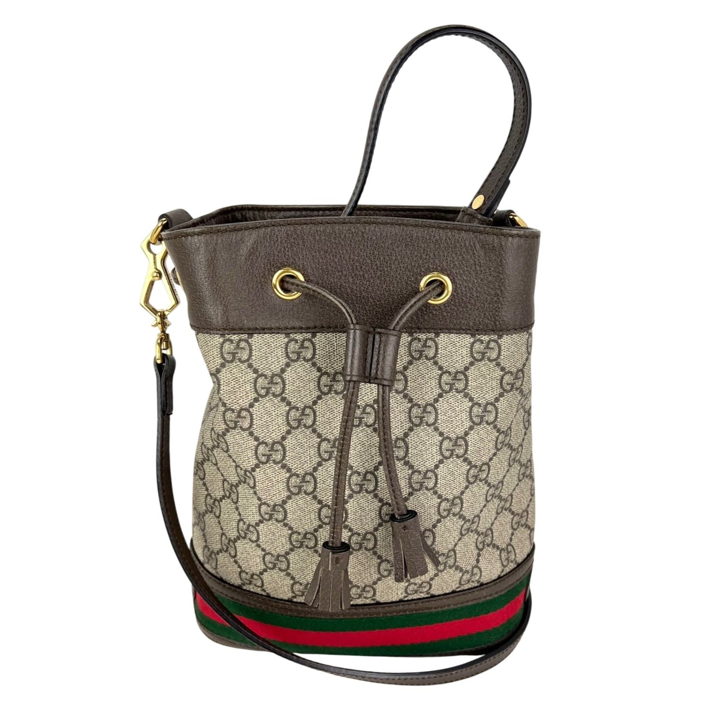 
                  
                    Gucci GG Supreme Ophidia Web Small Brown Bucket Bag
                  
                