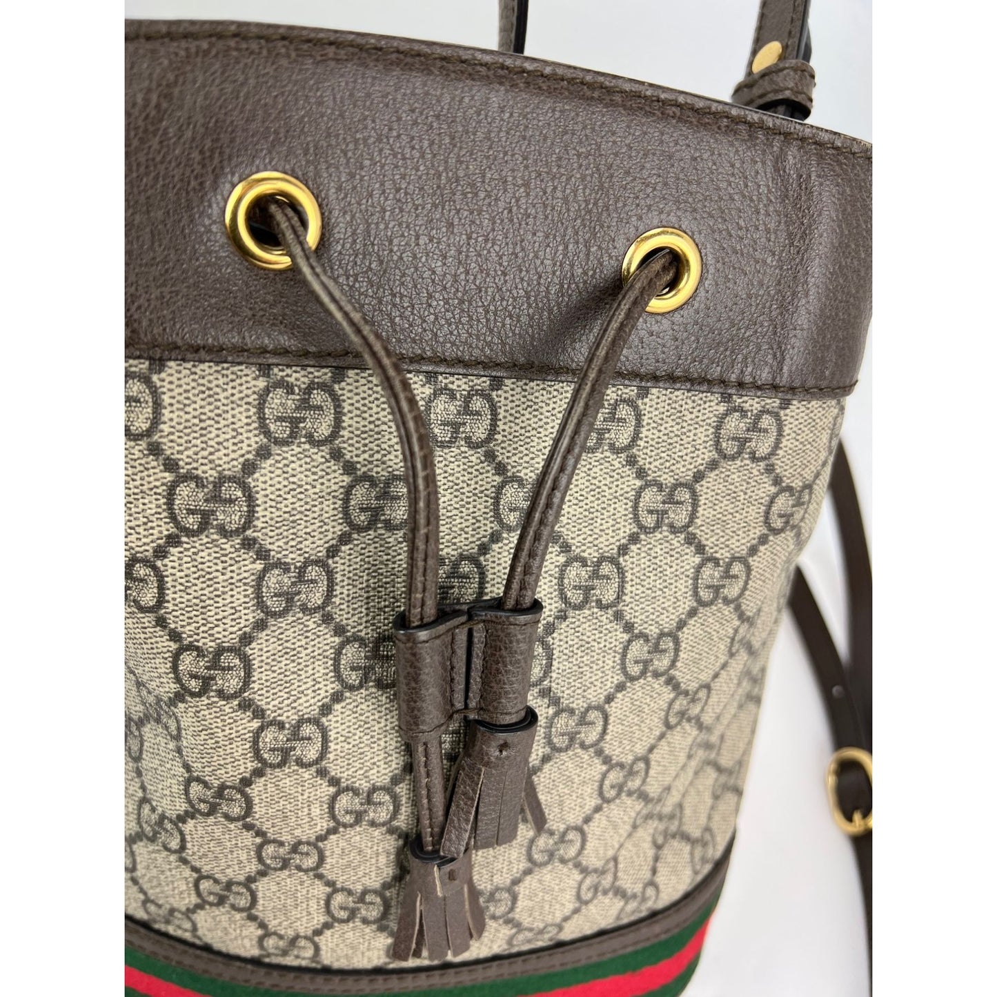 
                  
                    Gucci GG Supreme Ophidia Web Small Brown Bucket Bag
                  
                