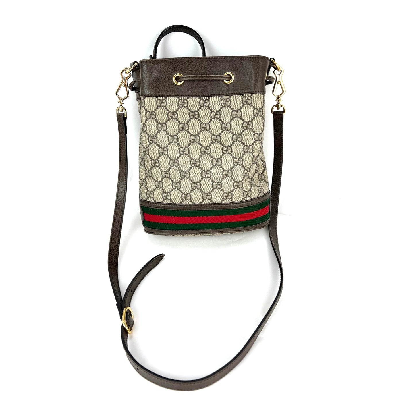 
                  
                    Gucci GG Supreme Ophidia Web Small Brown Bucket Bag
                  
                