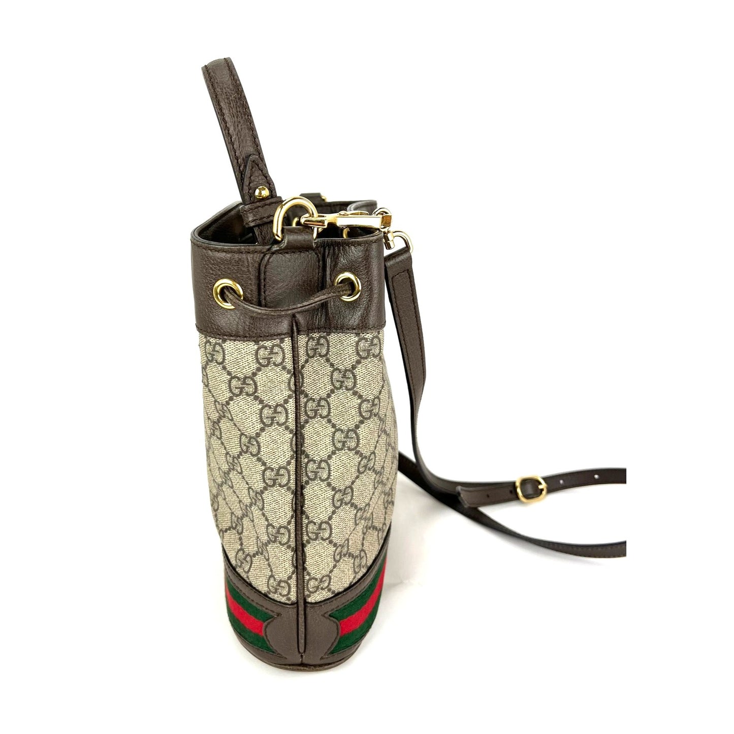 
                  
                    Gucci GG Supreme Ophidia Web Small Brown Bucket Bag
                  
                