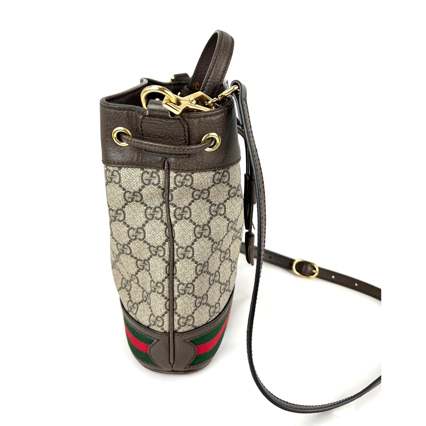 
                  
                    Gucci GG Supreme Ophidia Web Small Brown Bucket Bag
                  
                