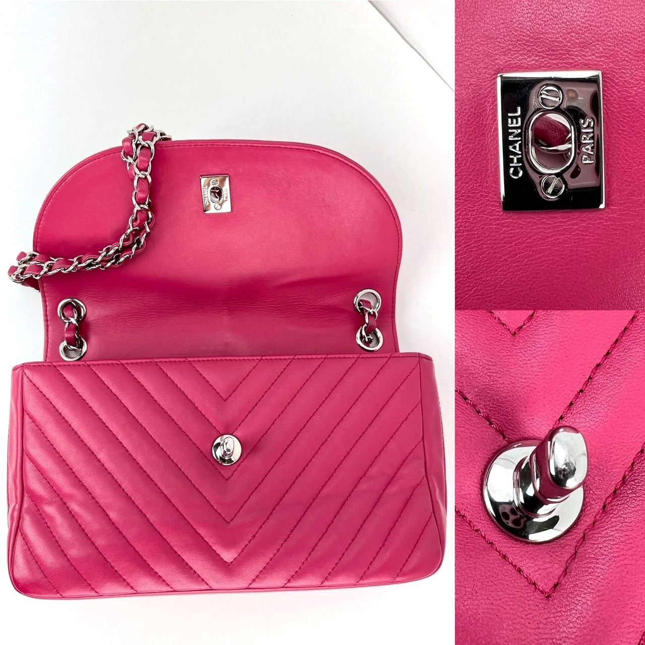 
                  
                    Chanel Pink Calfskin Chevron Medium Round Flap Lambskin Shoulder Bag
                  
                