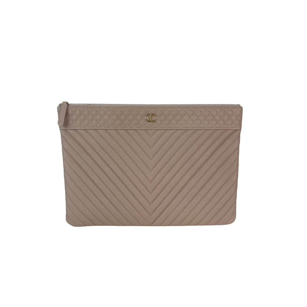 Chanel Caviar Chevron Quilted Large Beige Leather Cosmetic Clutch Bag