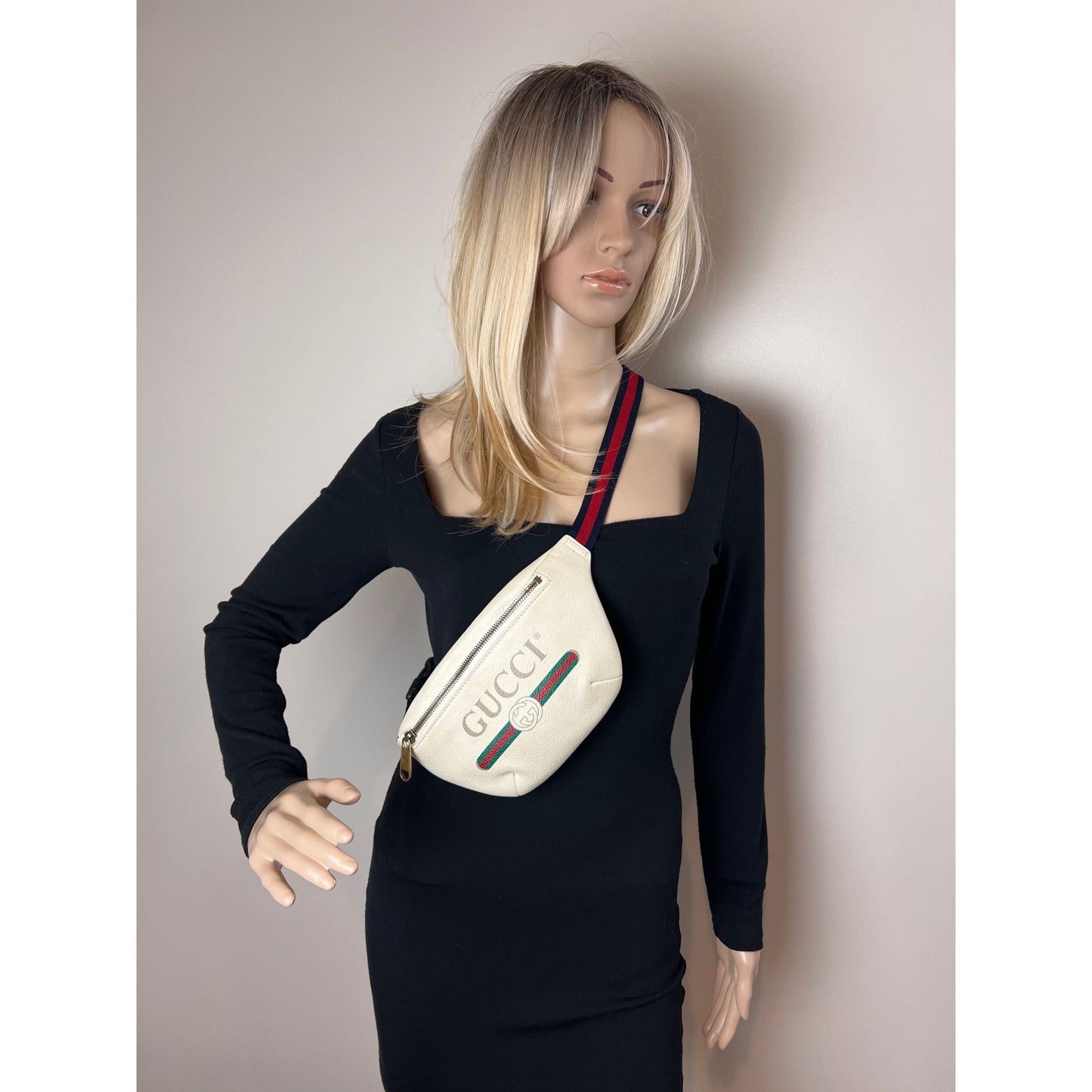
                  
                    Gucci Logo White Leather Web Belt Sling Bag
                  
                
