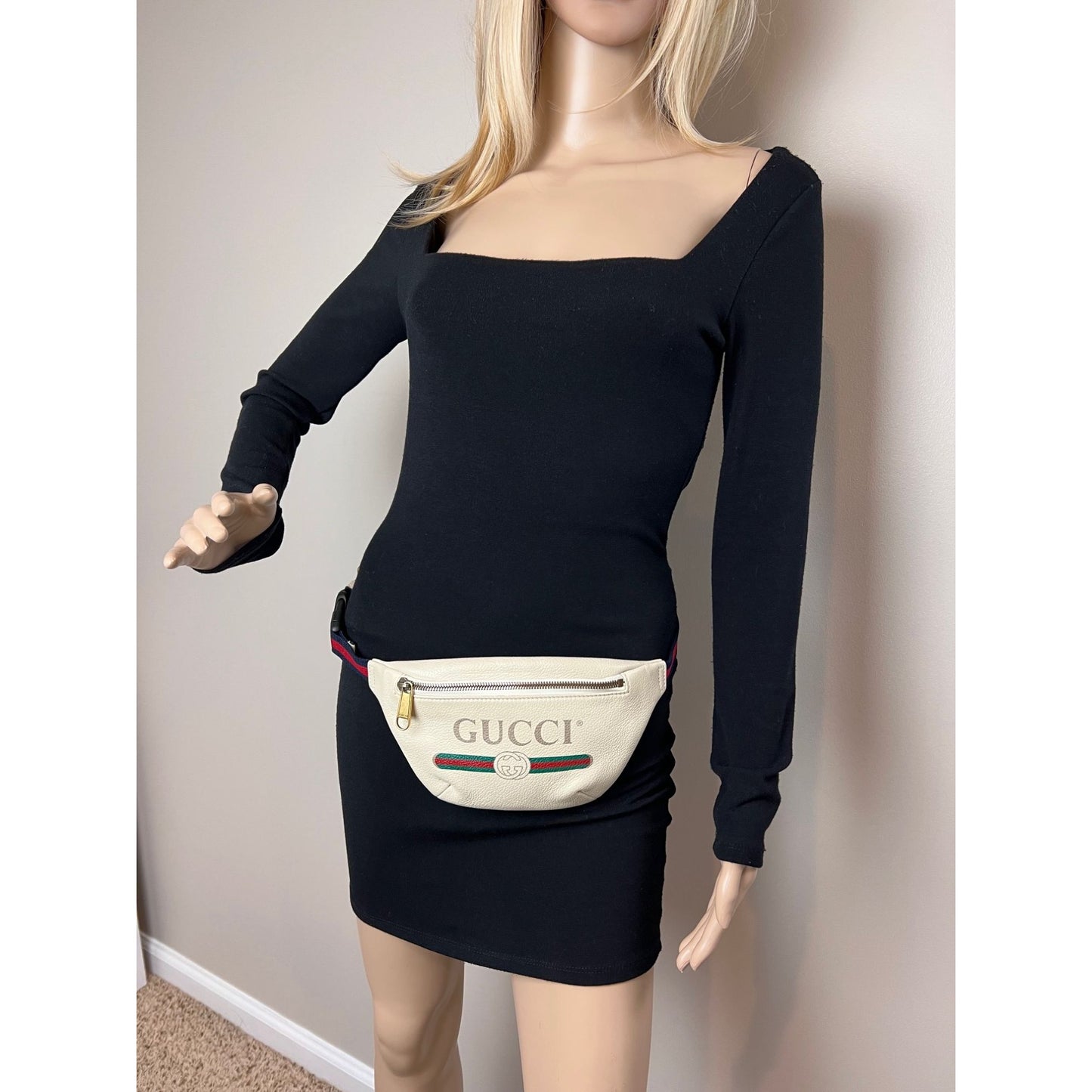 
                  
                    Gucci Logo White Leather Web Belt Sling Bag
                  
                