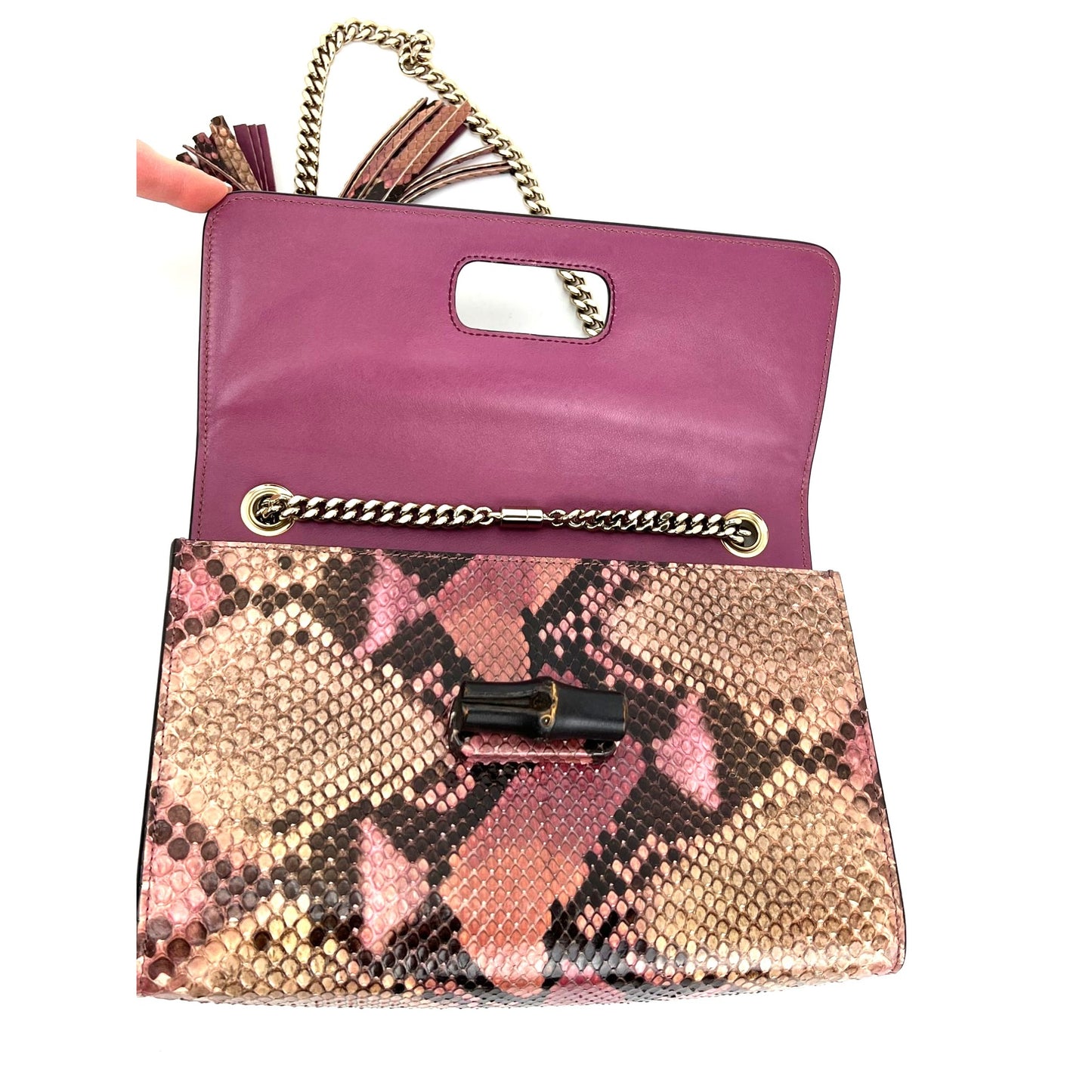 
                  
                    Gucci Miss Bamboo Tassel Chain Beige Brown Pink Python Shoulder Bag
                  
                