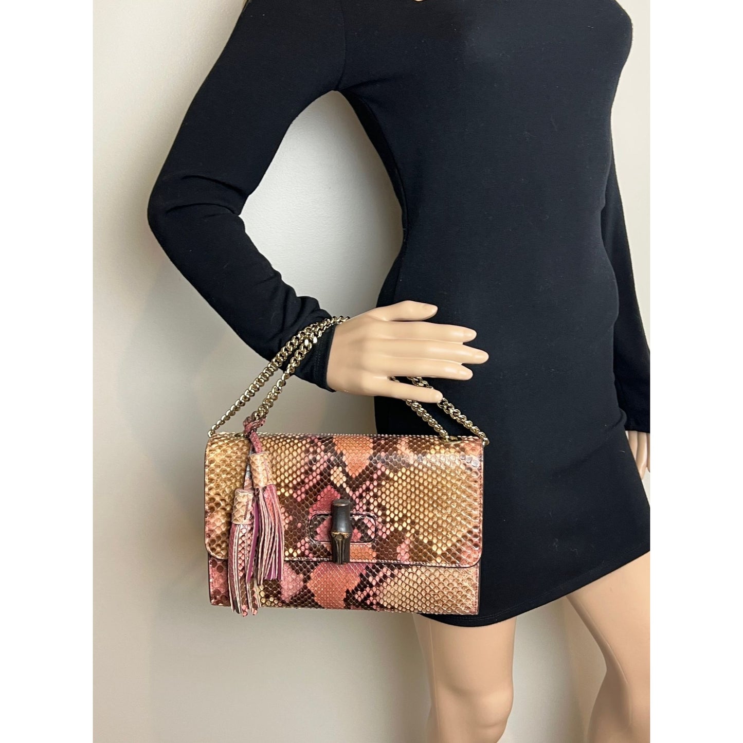
                  
                    Gucci Miss Bamboo Tassel Chain Beige Brown Pink Python Shoulder Bag
                  
                