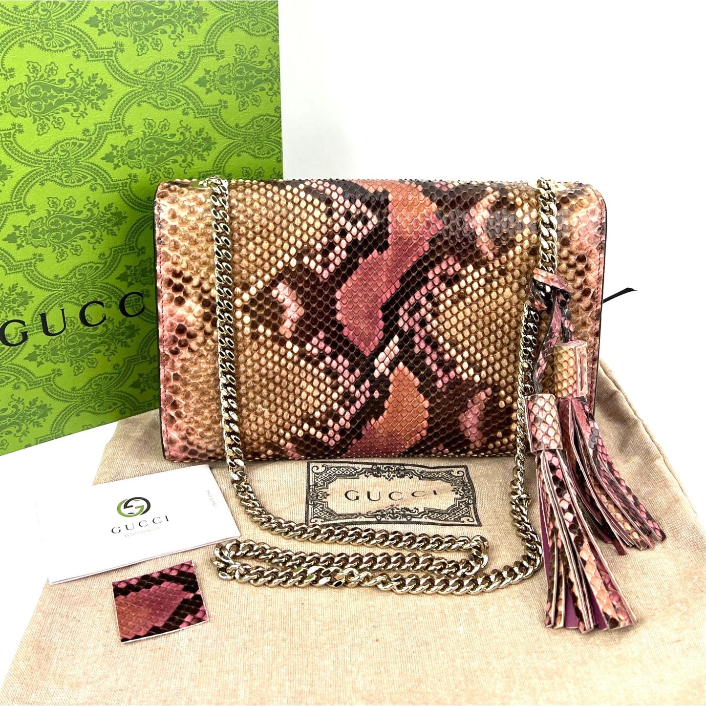 
                  
                    Gucci Miss Bamboo Tassel Chain Beige Brown Pink Python Shoulder Bag
                  
                