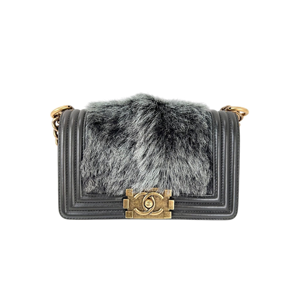 Chanel Small Boy Flap Quilted Goat Hair Gray Leather Shoulder Bag RARE