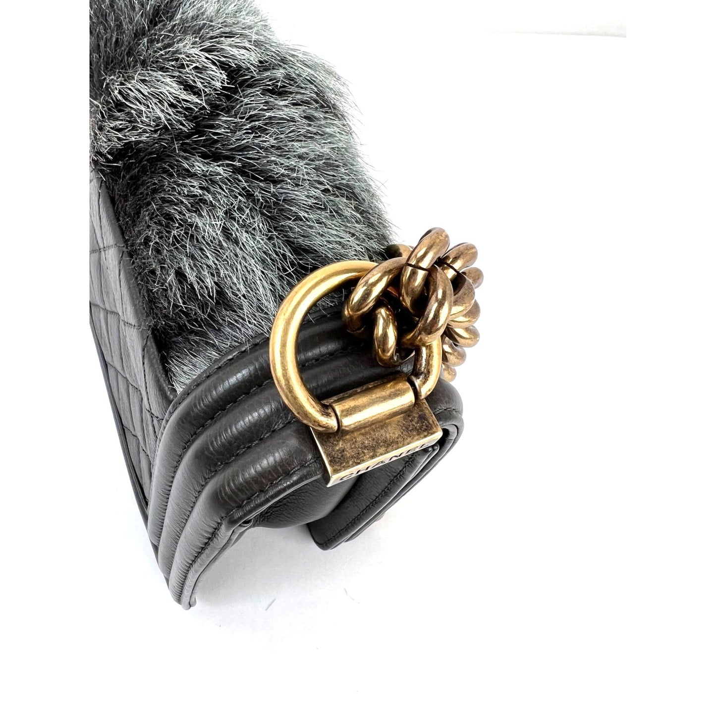 
                  
                    Chanel Small Boy Flap Quilted Goat Hair Gray Leather Shoulder Bag RARE
                  
                