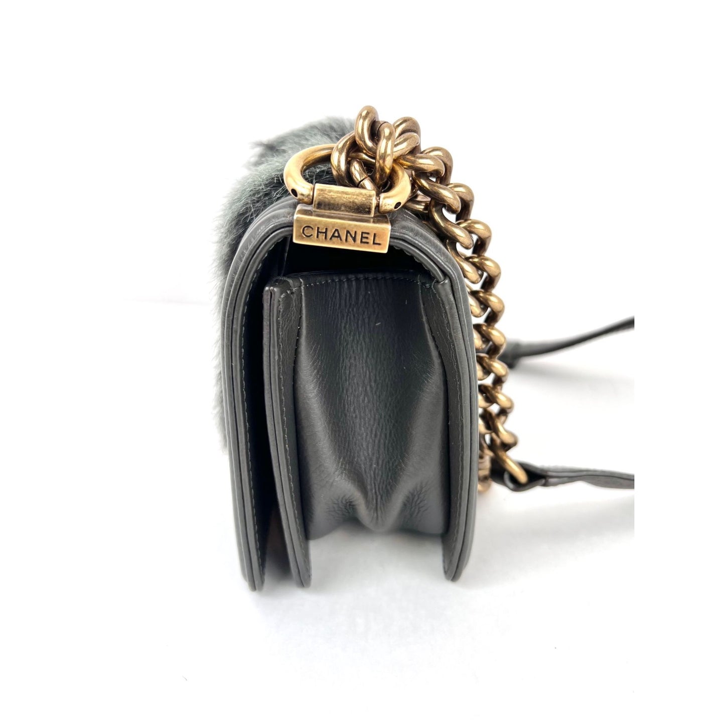 
                  
                    Chanel Small Boy Flap Quilted Goat Hair Gray Leather Shoulder Bag RARE
                  
                