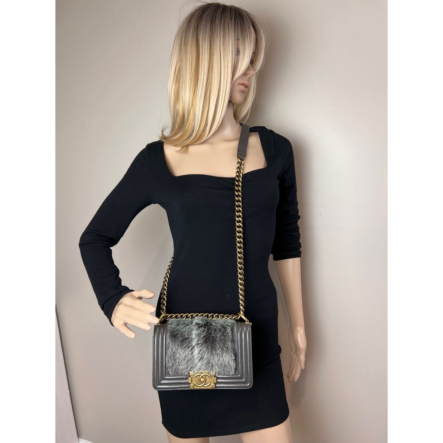 
                  
                    Chanel Small Boy Flap Quilted Goat Hair Gray Leather Shoulder Bag RARE
                  
                