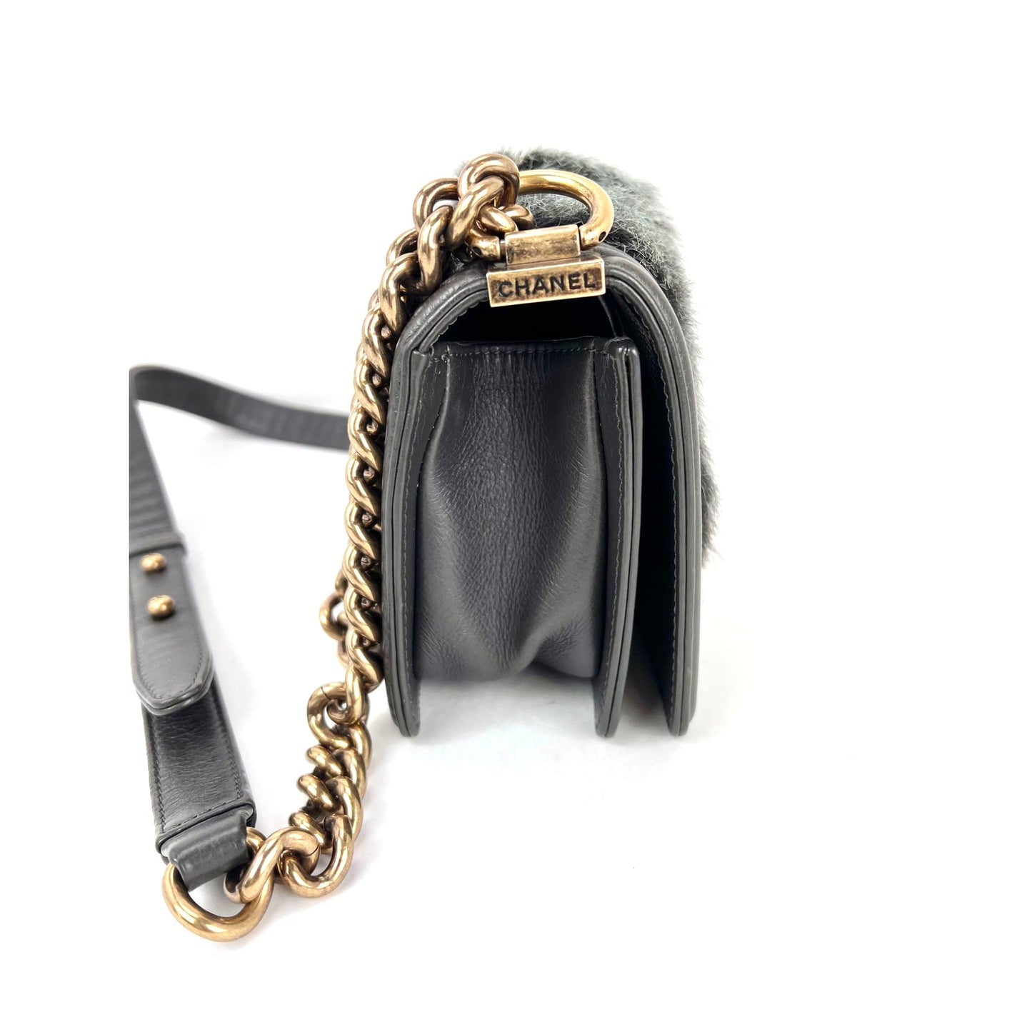 
                  
                    Chanel Small Boy Flap Quilted Goat Hair Gray Leather Shoulder Bag RARE
                  
                