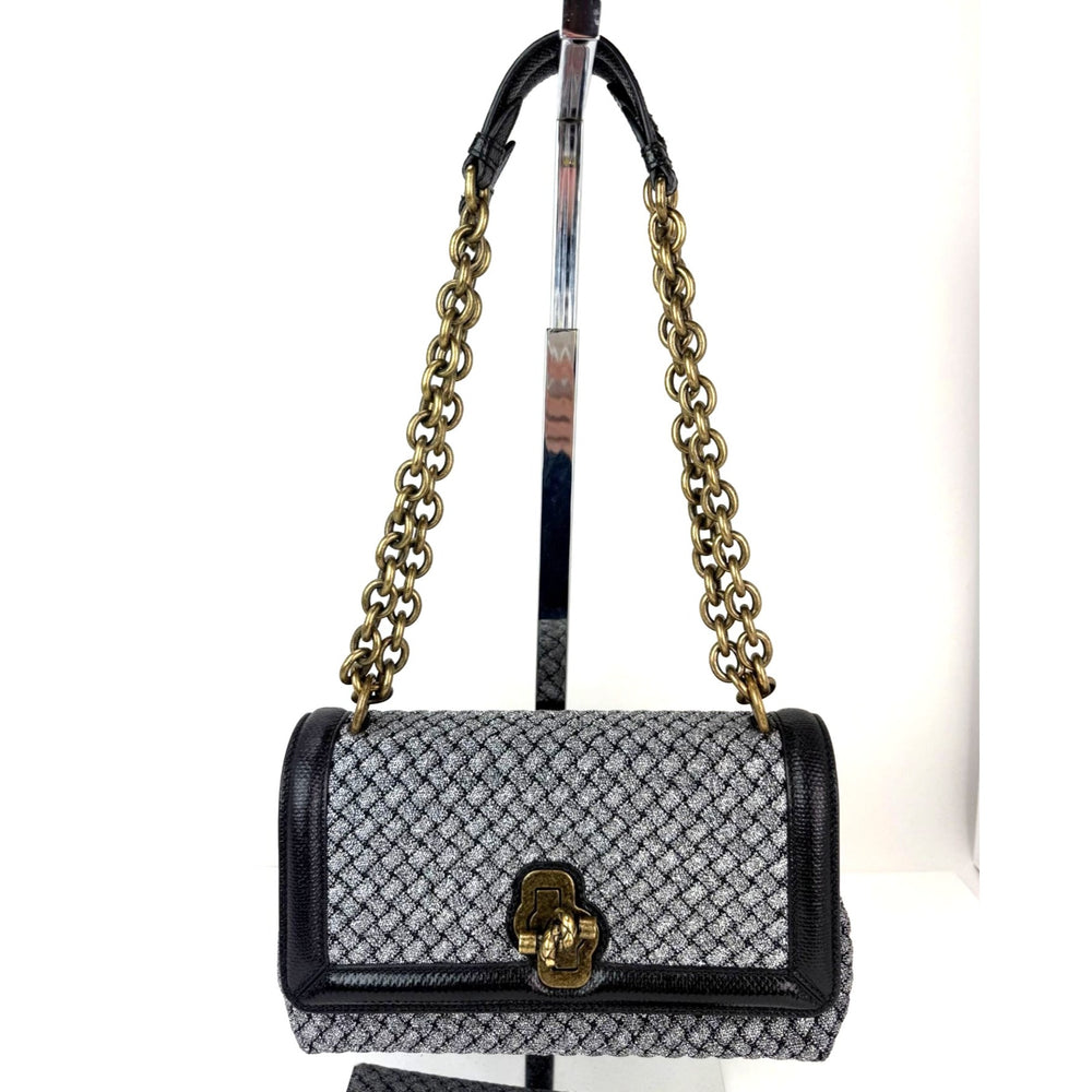 Bottega Veneta Metallic Wool Woven Patent Ayers Olimpia Knot Silver Crossbody Shoulder Bag
