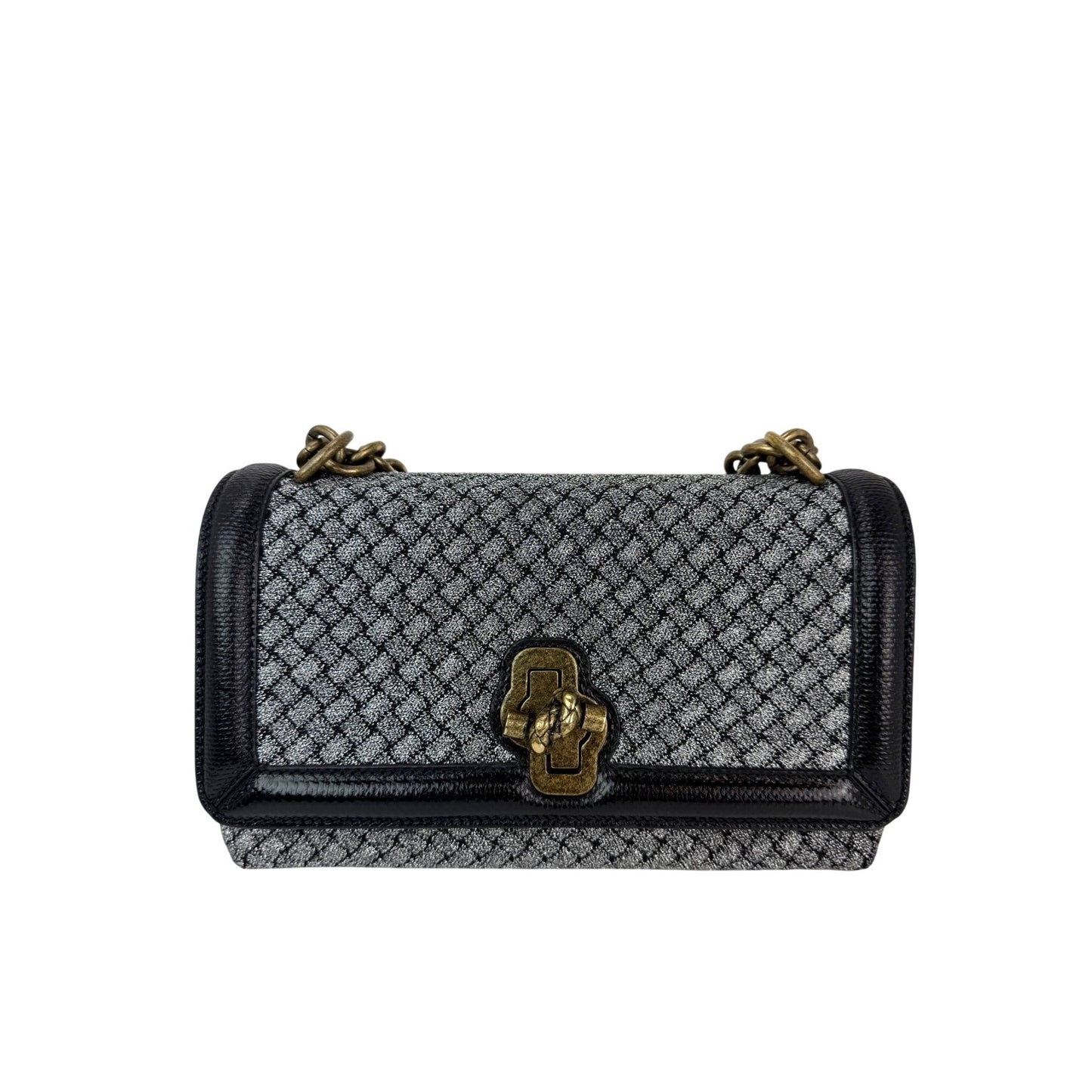 
                  
                    Bottega Veneta Metallic Wool Woven Patent Ayers Olimpia Knot Silver Crossbody Shoulder Bag
                  
                